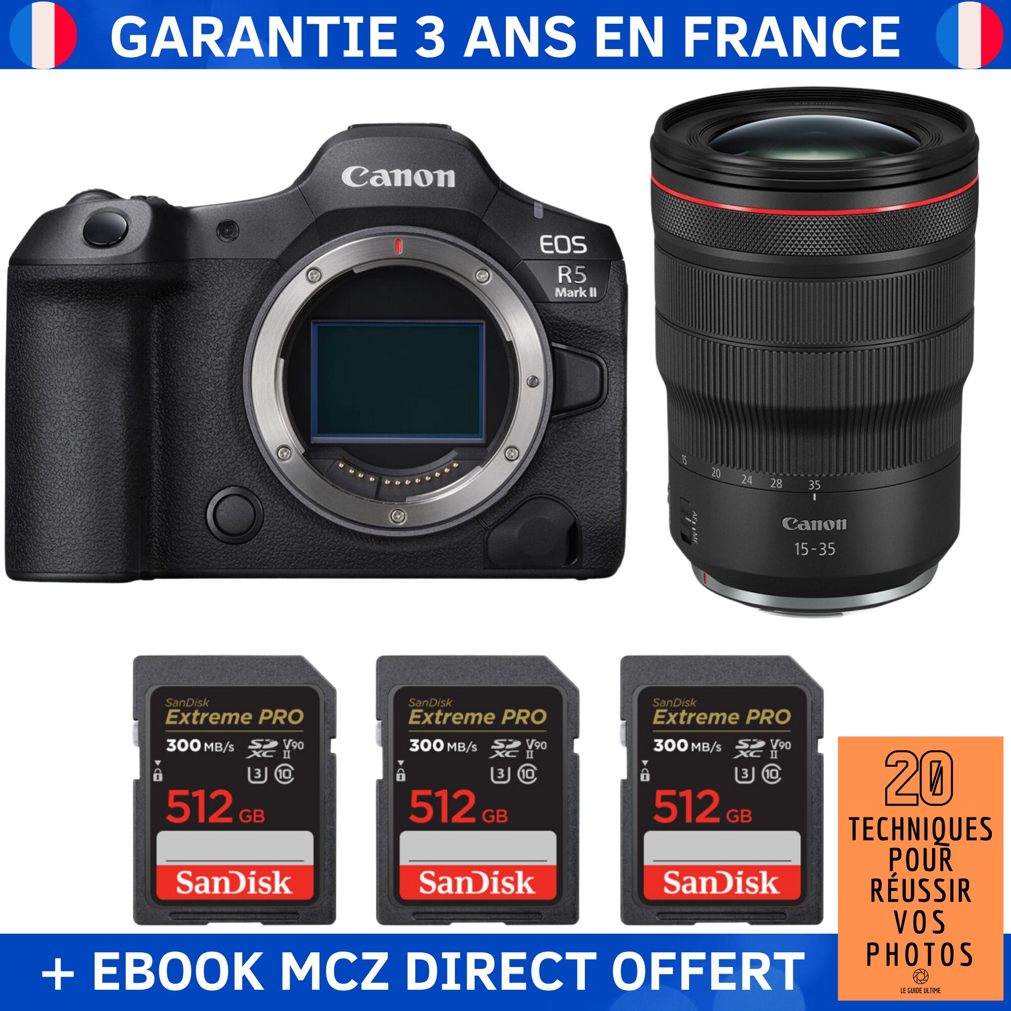 Canon EOS R5 Mark II + RF 15-35mm f/2.8 L IS USM + 3 SanDisk 512GB Extreme PRO UHS-II SDXC 300 MB/s + Ebook '20 Techniques pour Réussir vos Photos' - Hybrid Camera