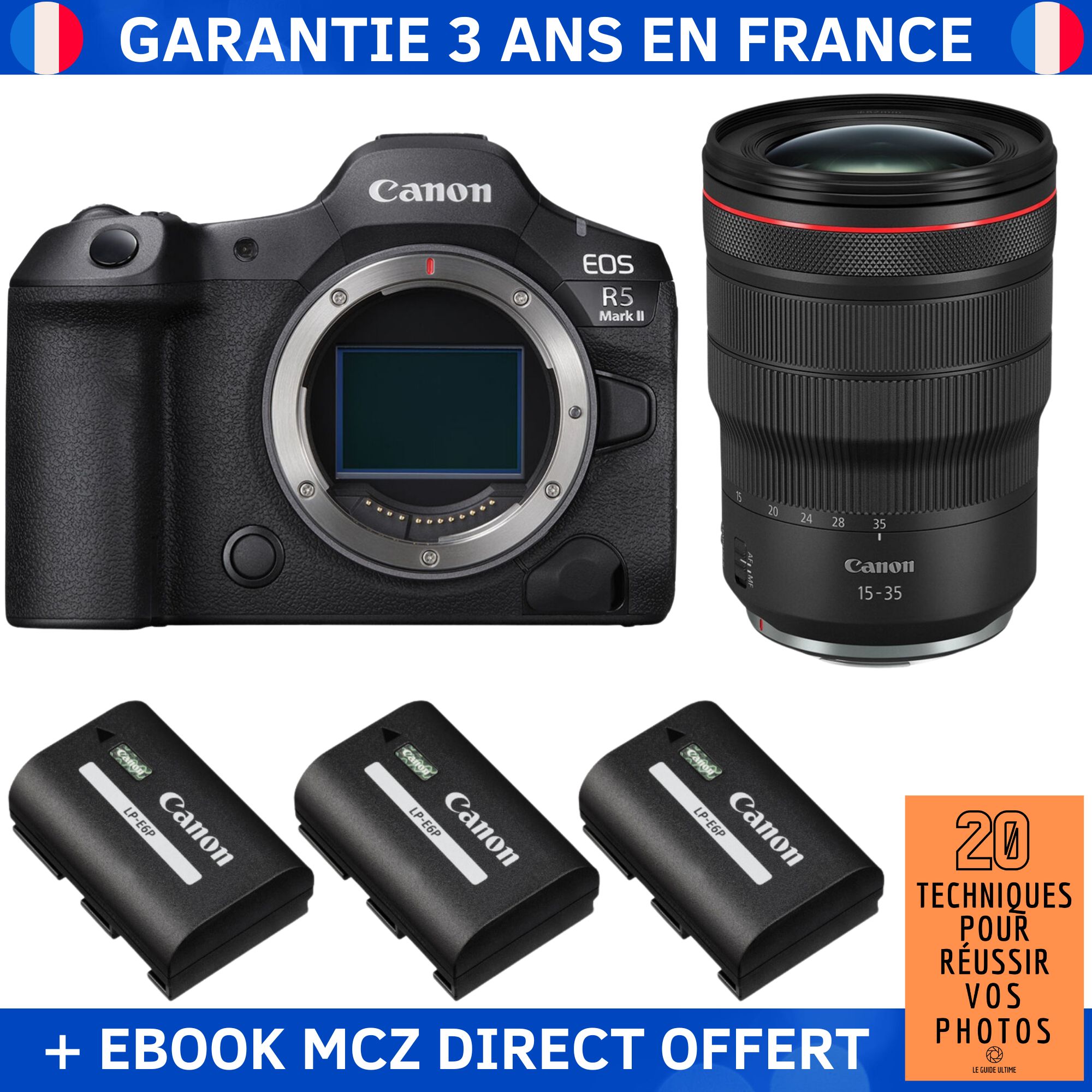 Canon EOS R5 Mark II + RF 15-35mm f/2.8 L IS USM + 3 Canon LP-E6P + Ebook '20 Techniques pour Réussir vos Photos' - Hybrid Camera