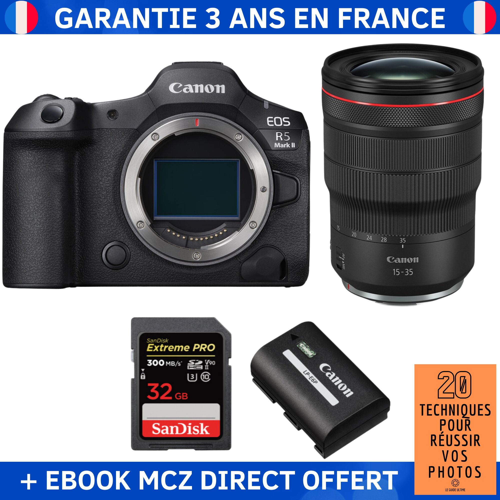 Canon EOS R5 Mark II + RF 15-35mm f/2.8 L IS USM + 1 SanDisk 32GB Extreme PRO UHS-II SDXC 300 MB/s + 1 Canon LP-E6P + Ebook '20 Techniques pour Réussir vos Photos' - Hybrid Camera