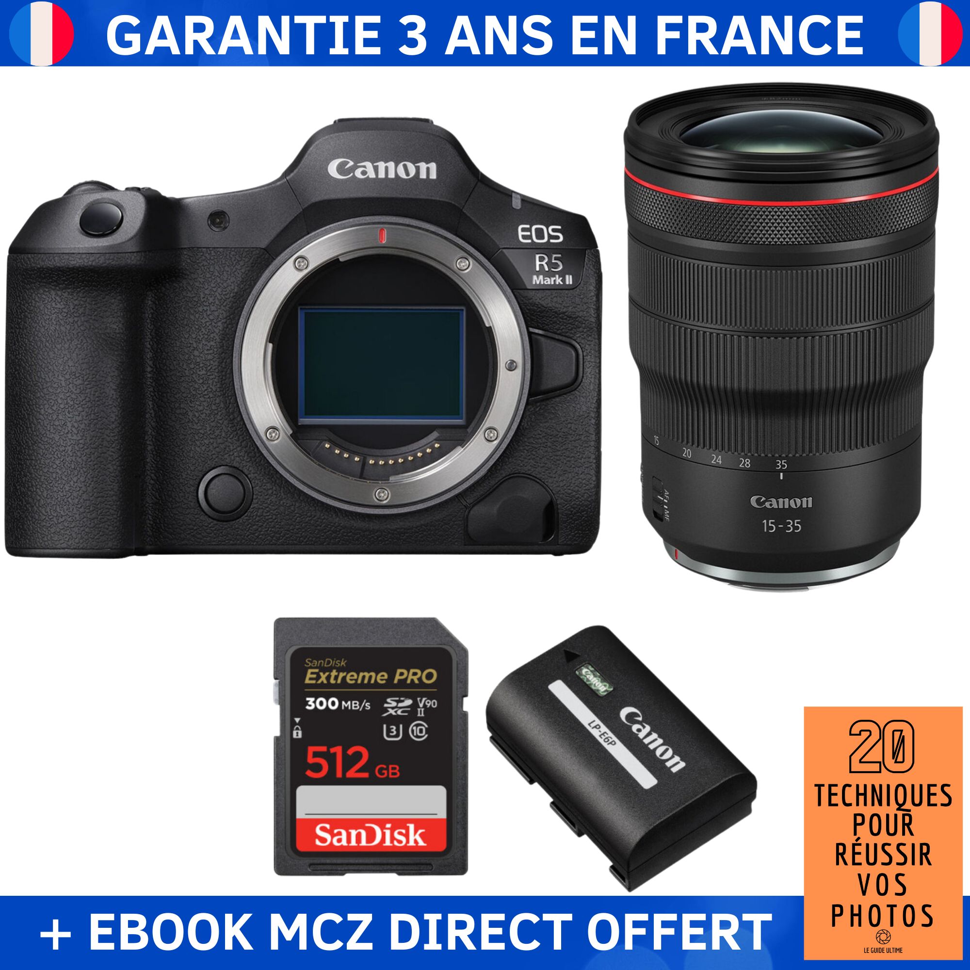 Canon EOS R5 Mark II + RF 15-35mm f/2.8 L IS USM + 1 SanDisk 512GB Extreme PRO UHS-II SDXC 300 MB/s + 1 Canon LP-E6P + Ebook '20 Techniques pour Réussir vos Photos' - Hybrid Camera