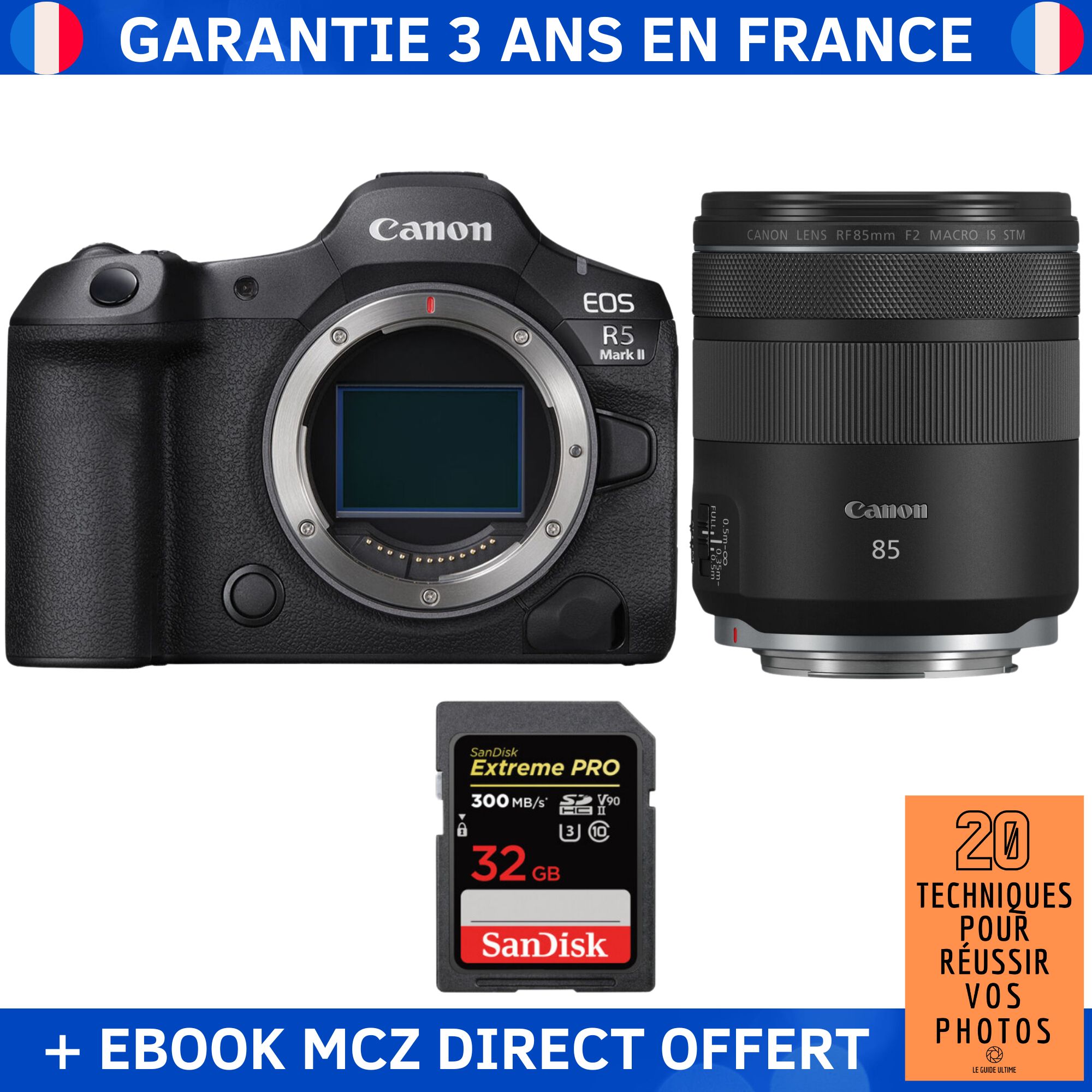 Canon EOS R5 Mark II + RF 85mm f/2 Macro IS STM + 1 SanDisk 32GB Extreme PRO UHS-II SDXC 300 MB/s + Ebook '20 Techniques pour Réussir vos Photos' - Hybrid Camera