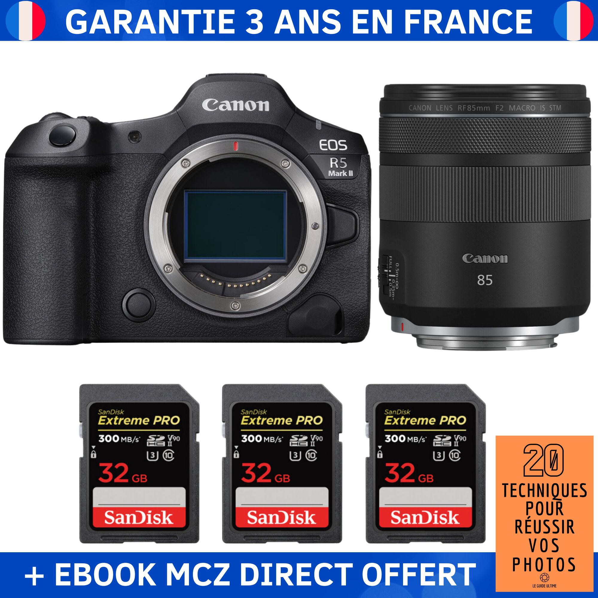 Canon EOS R5 Mark II + RF 85mm f/2 Macro IS STM + 3 SanDisk 32GB Extreme PRO UHS-II SDXC 300MB/s + Ebook '20 Techniques pour Réussir vos Photos' - Hybrid Camera