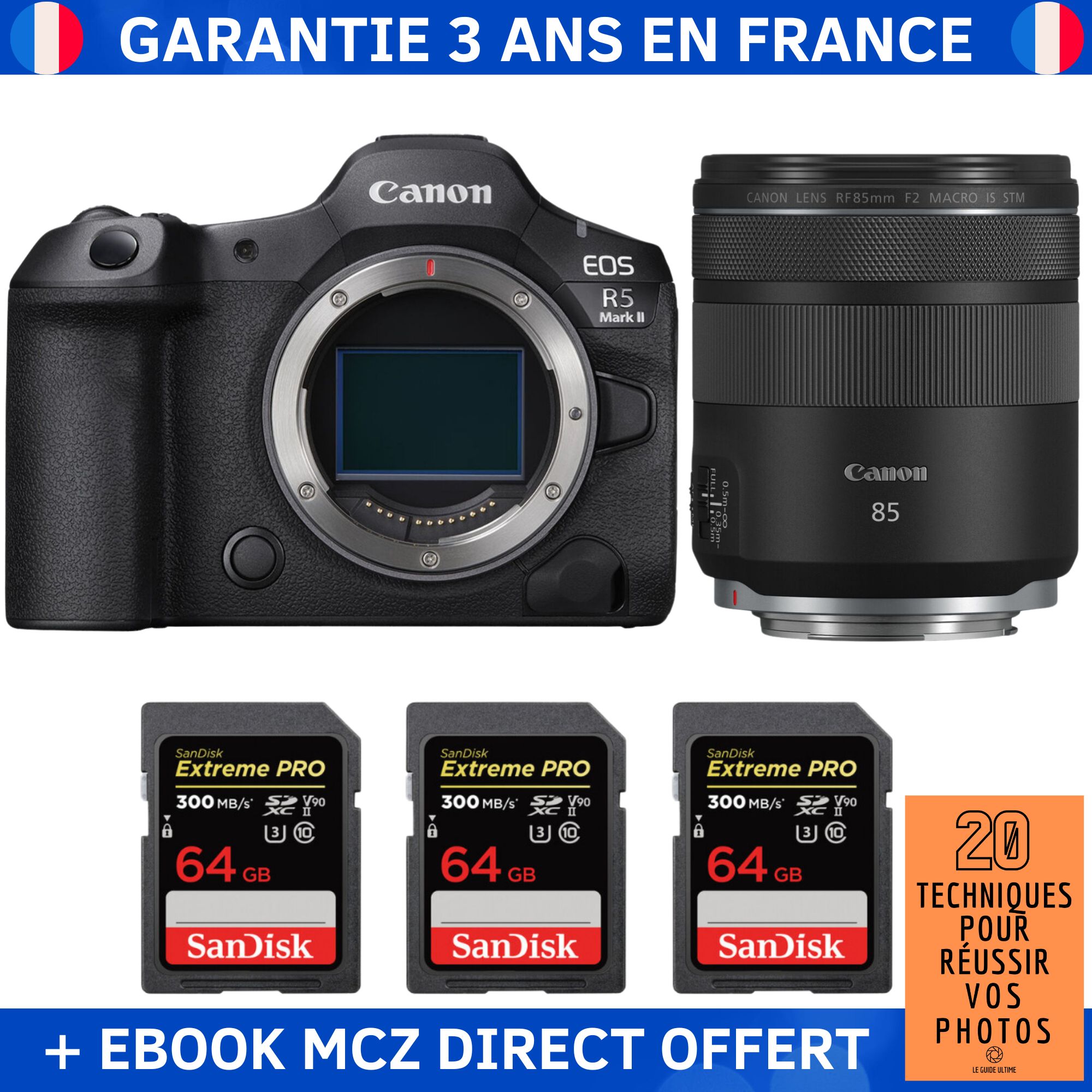 Canon EOS R5 Mark II + RF 85mm f/2 Macro IS STM + 3 SanDisk 64GB Extreme PRO UHS-II SDXC 300 MB/s + Ebook '20 Techniques pour Réussir vos Photos' - Hybrid Camera