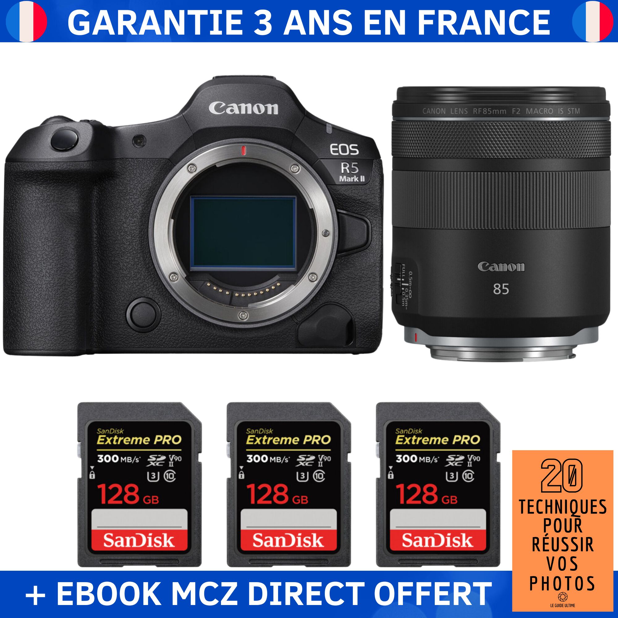 Canon EOS R5 Mark II + RF 85mm f/2 Macro IS STM + 3 SanDisk 128GB Extreme PRO UHS-II SDXC 300MB/s + Ebook '20 Techniques pour Réussir vos Photos' - Hybrid Camera