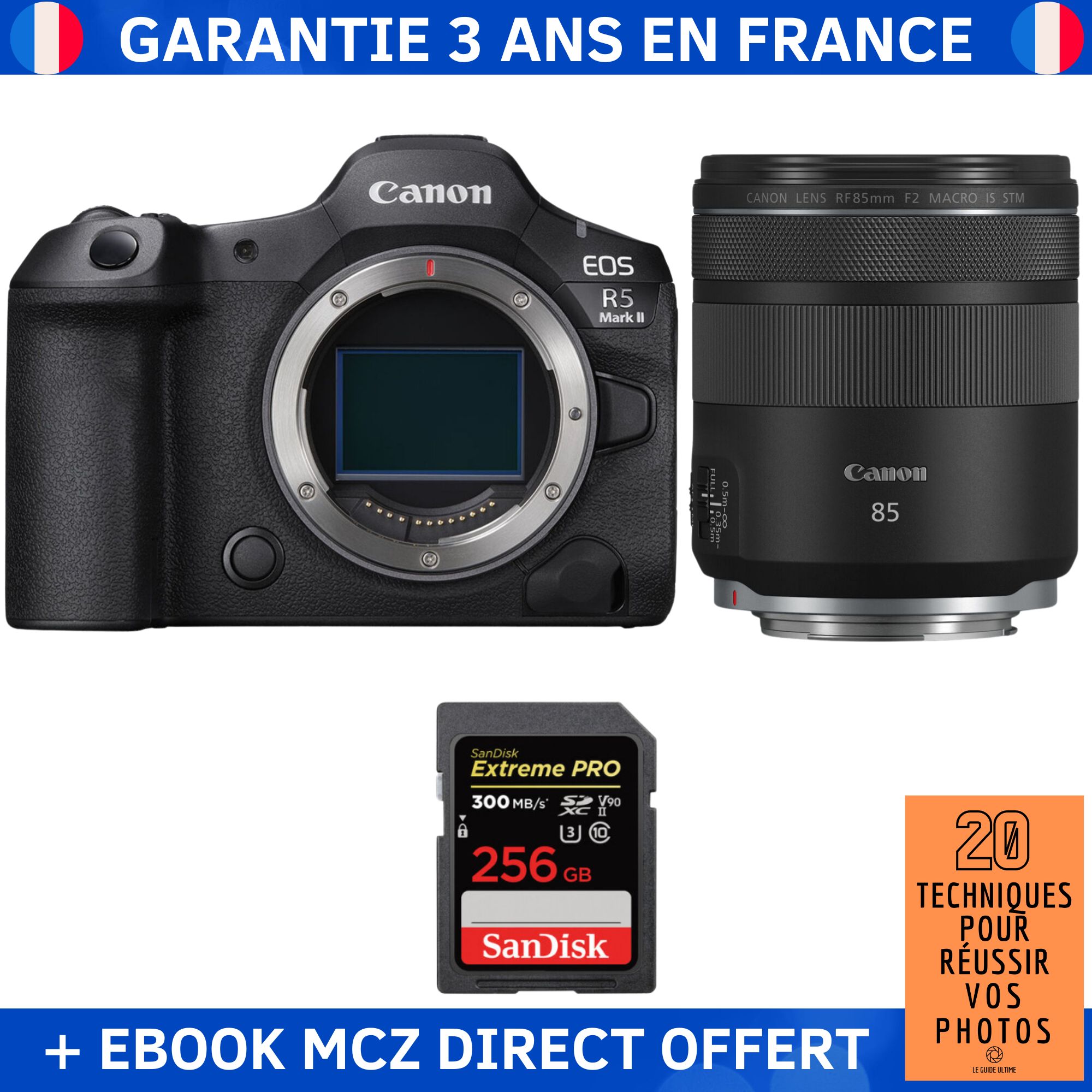 Canon EOS R5 Mark II + RF 85mm f/2 Macro IS STM + 1 SanDisk 256GB Extreme PRO UHS-II SDXC 300MB/s + Ebook '20 Techniques pour Réussir vos Photos' - Hybrid Camera