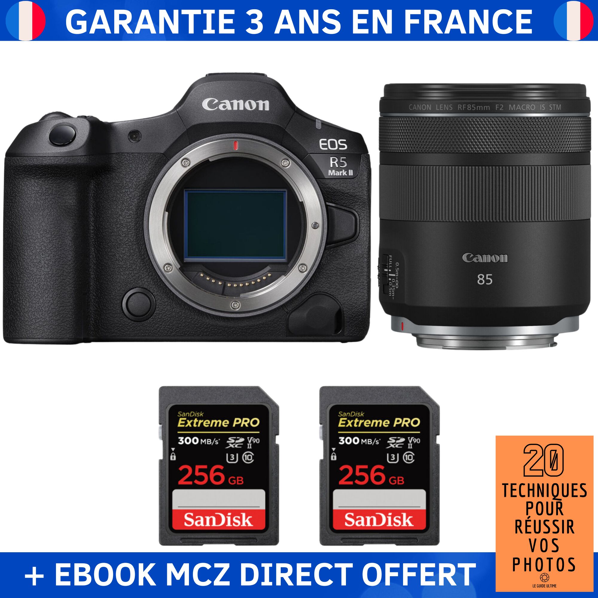Canon EOS R5 Mark II + RF 85mm f/2 Macro IS STM + 2 SanDisk 256GB Extreme PRO UHS-II SDXC 300 MB/s + Ebook '20 Techniques pour Réussir vos Photos' - Hybrid Camera