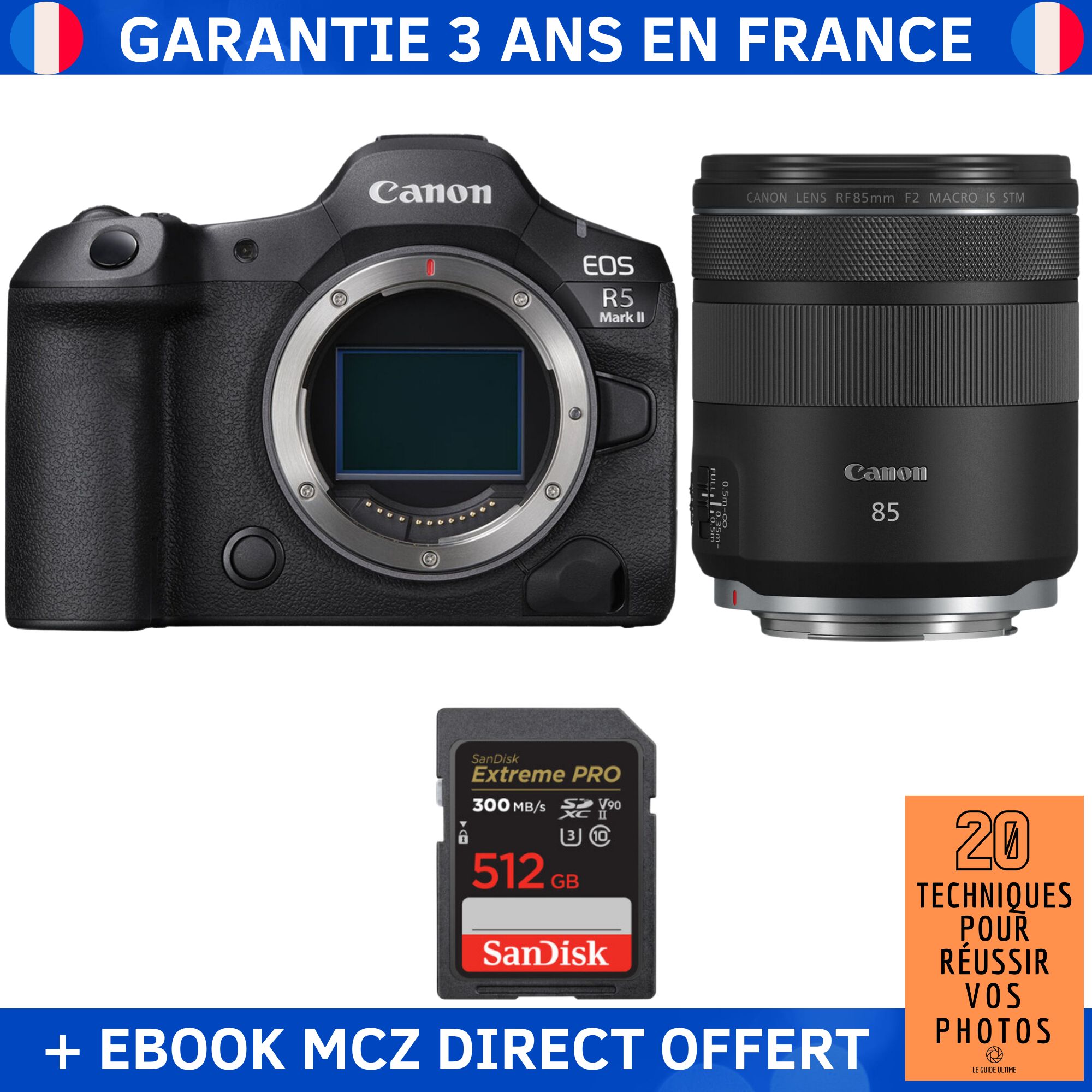 Canon EOS R5 Mark II + RF 85mm f/2 Macro IS STM + 1 SanDisk 512GB Extreme PRO UHS-II SDXC 300MB/s + Ebook '20 Techniques pour Réussir vos Photos' - Hybrid Camera