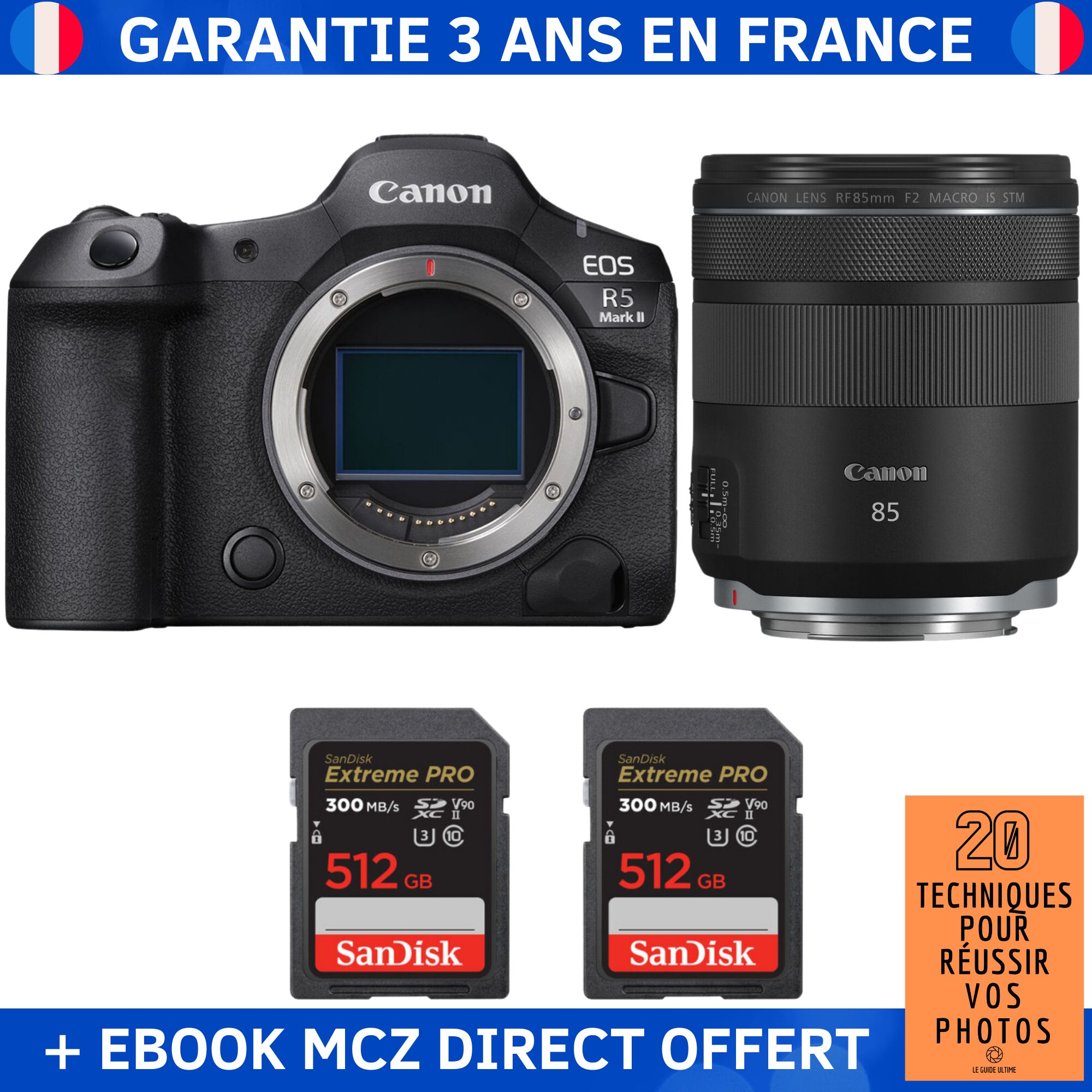 Canon EOS R5 Mark II + RF 85mm f/2 Macro IS STM + 2 SanDisk 512GB Extreme PRO UHS-II SDXC 300MB/s + Ebook '20 Techniques pour Réussir vos Photos' - Hybrid Camera