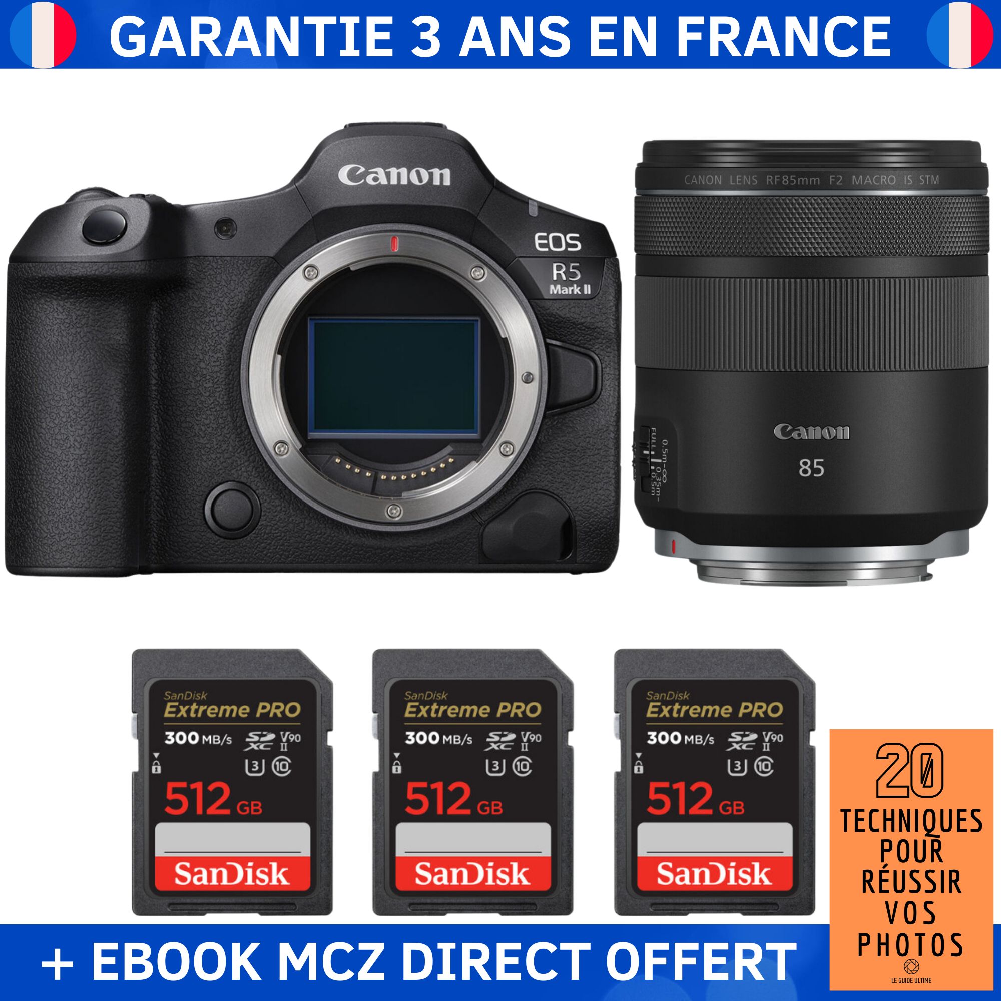 Canon EOS R5 Mark II + RF 85mm f/2 Macro IS STM + 3 SanDisk 512GB Extreme PRO UHS-II SDXC 300MB/s Memory Cards + '20 Techniques pour Réussir vos Photos' Ebook - Hybrid Camera
