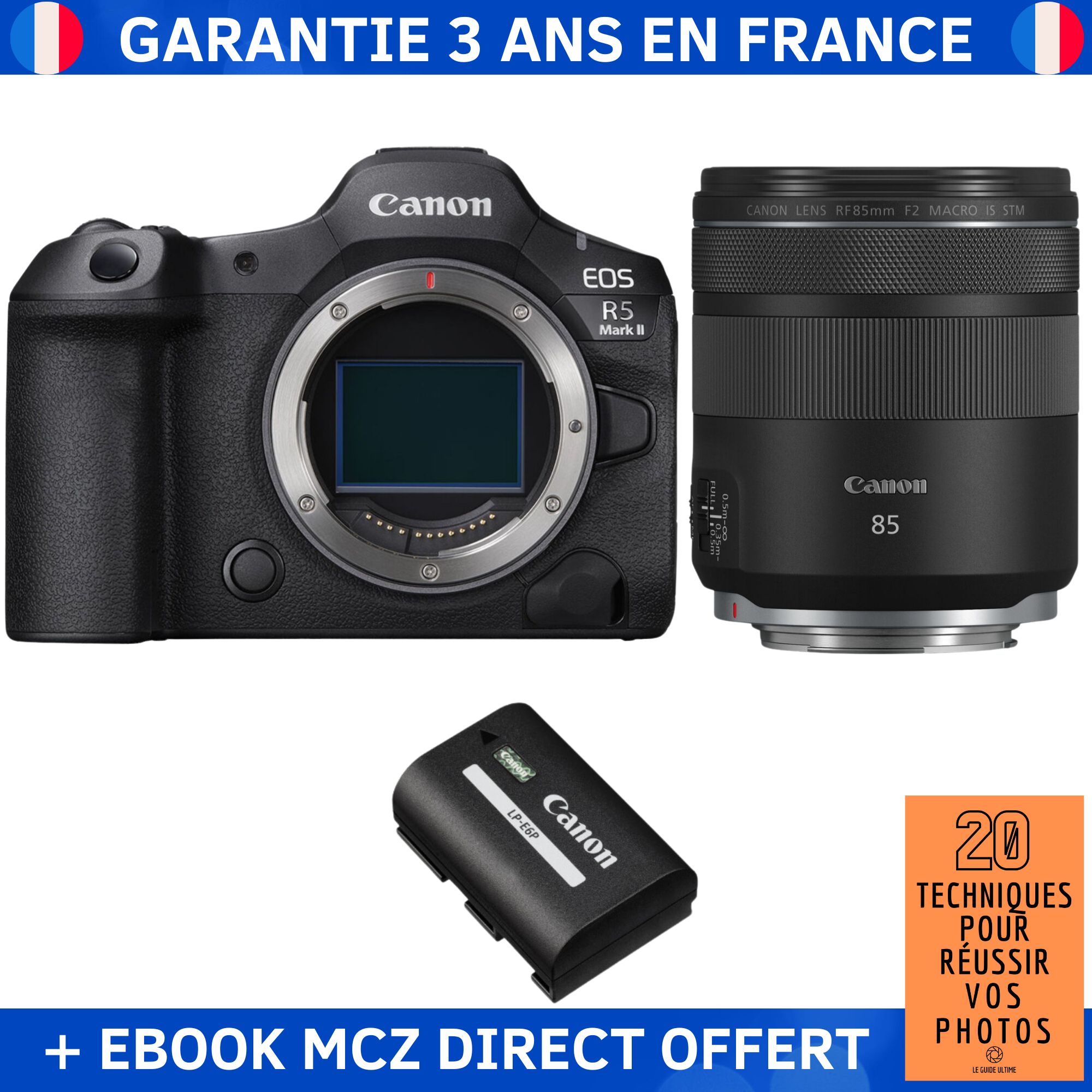 Canon EOS R5 Mark II + RF 85mm f/2 Macro IS STM + 1 Canon LP-E6P + Ebook '20 Techniques pour Réussir vos Photos' - Hybrid Camera