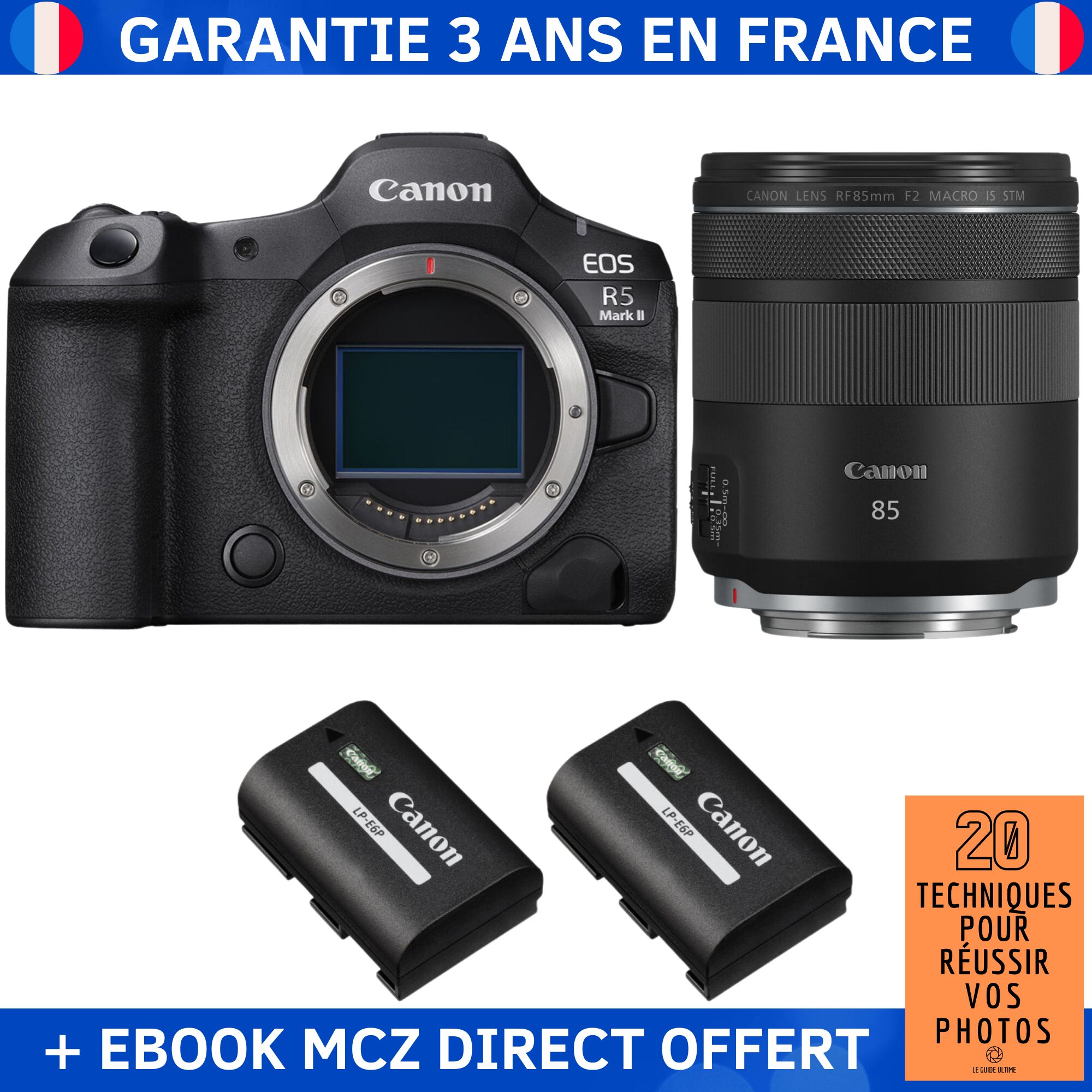 Canon EOS R5 Mark II + RF 85mm f/2 Macro IS STM + 2 Canon LP-E6P + Ebook '20 Techniques pour Réussir vos Photos' - Hybrid Camera