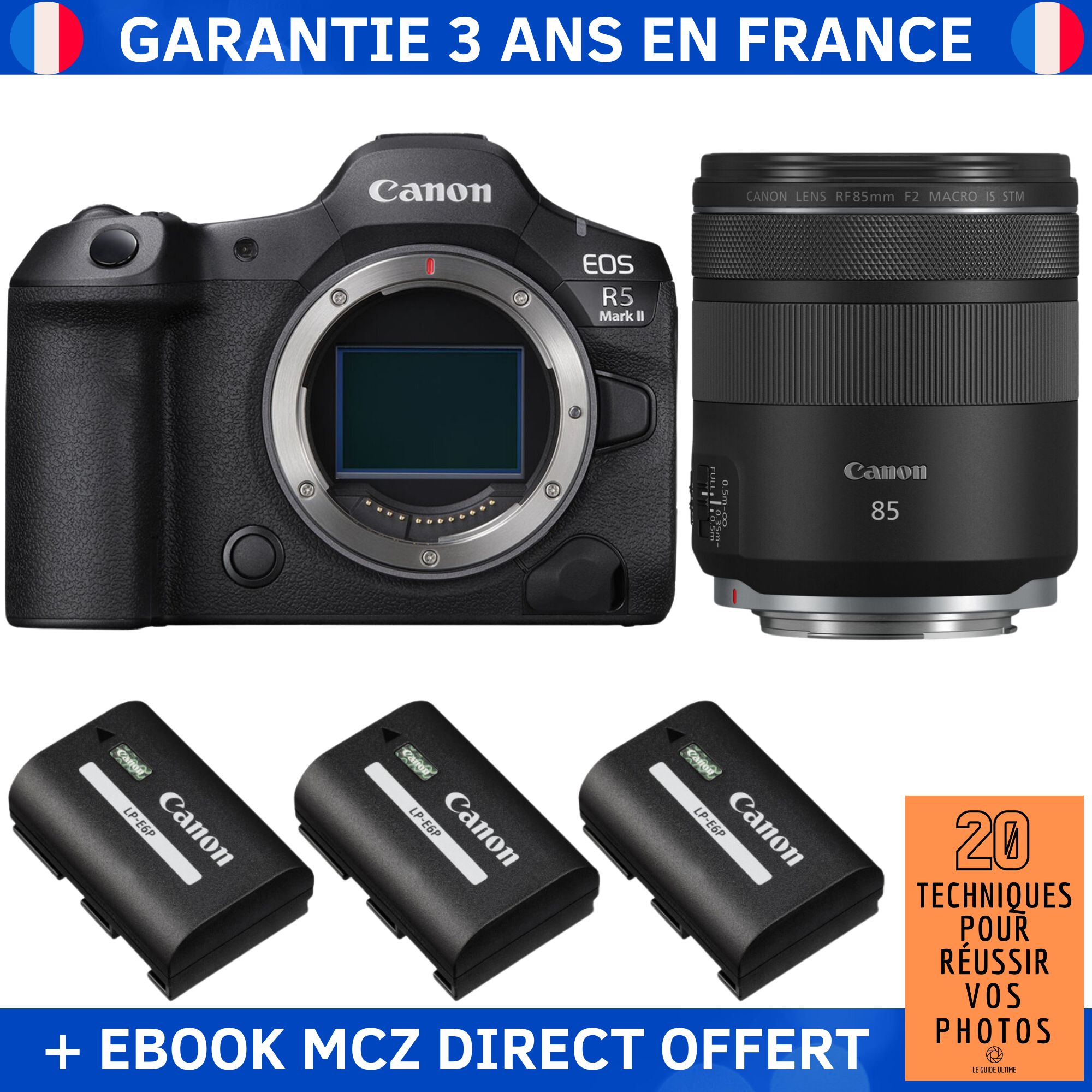 Canon EOS R5 Mark II + RF 85mm f/2 Macro IS STM + 3 Canon LP-E6P + Ebook '20 Techniques pour Réussir vos Photos' - Hybrid Camera