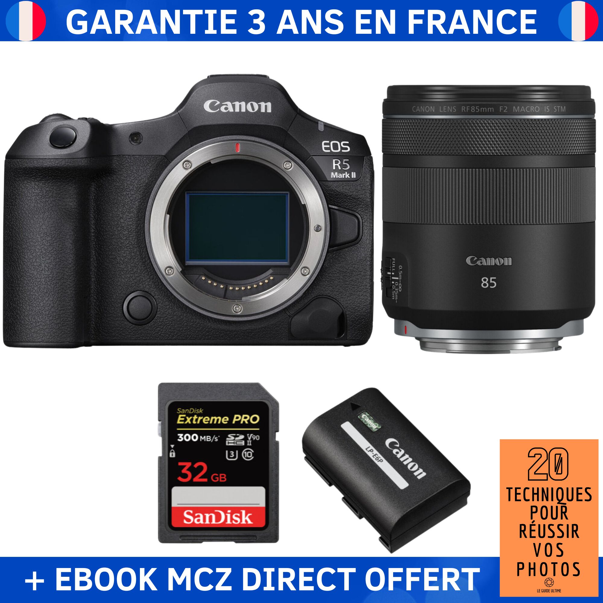 Canon EOS R5 Mark II + RF 85mm f/2 Macro IS STM + 1 SanDisk 32GB Extreme PRO UHS-II SDXC 300 MB/s + 1 Canon LP-E6P + Ebook '20 Techniques pour Réussir vos Photos' - Hybrid Camera