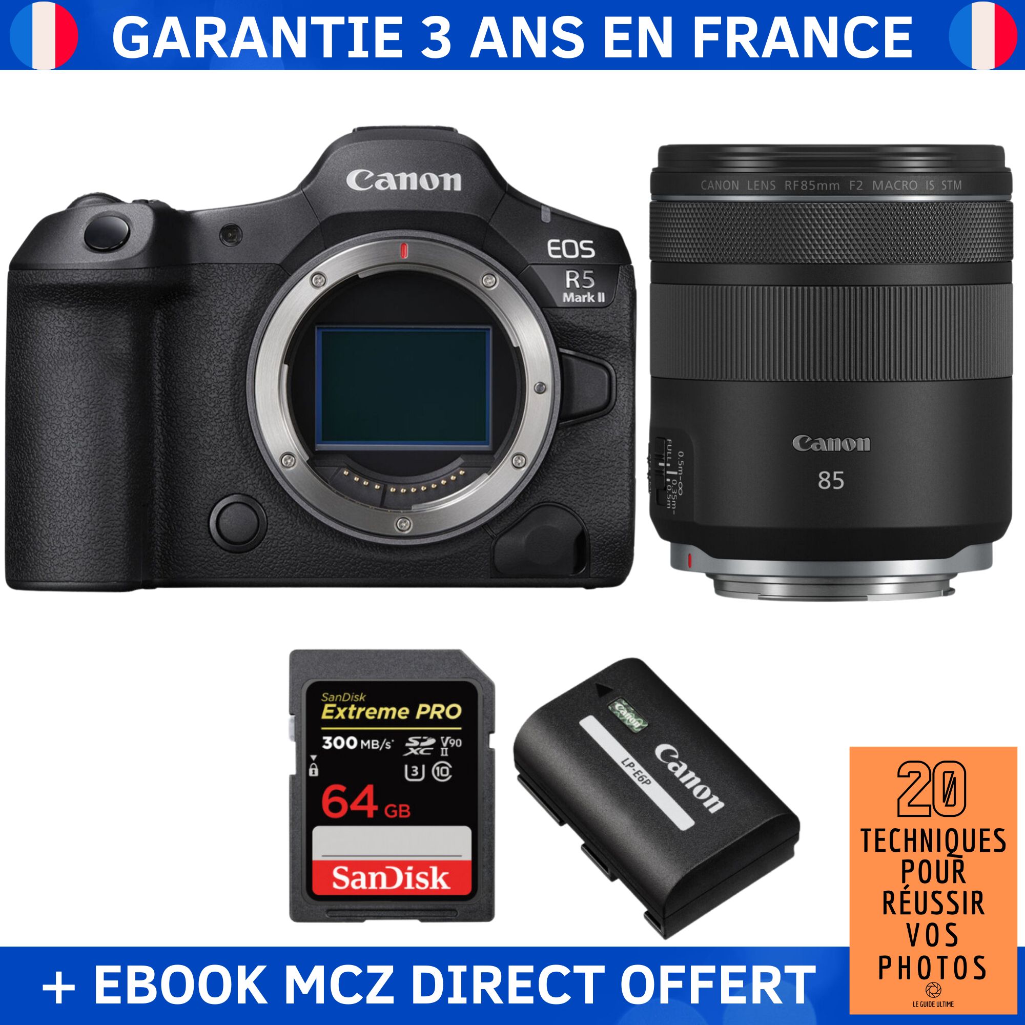 Canon EOS R5 Mark II + RF 85mm f/2 Macro IS STM + 1 SanDisk 64GB Extreme PRO UHS-II SDXC Card + 1 Canon LP-E6P + Ebook '20 Techniques pour Réussir vos Photos' - Hybrid Camera
