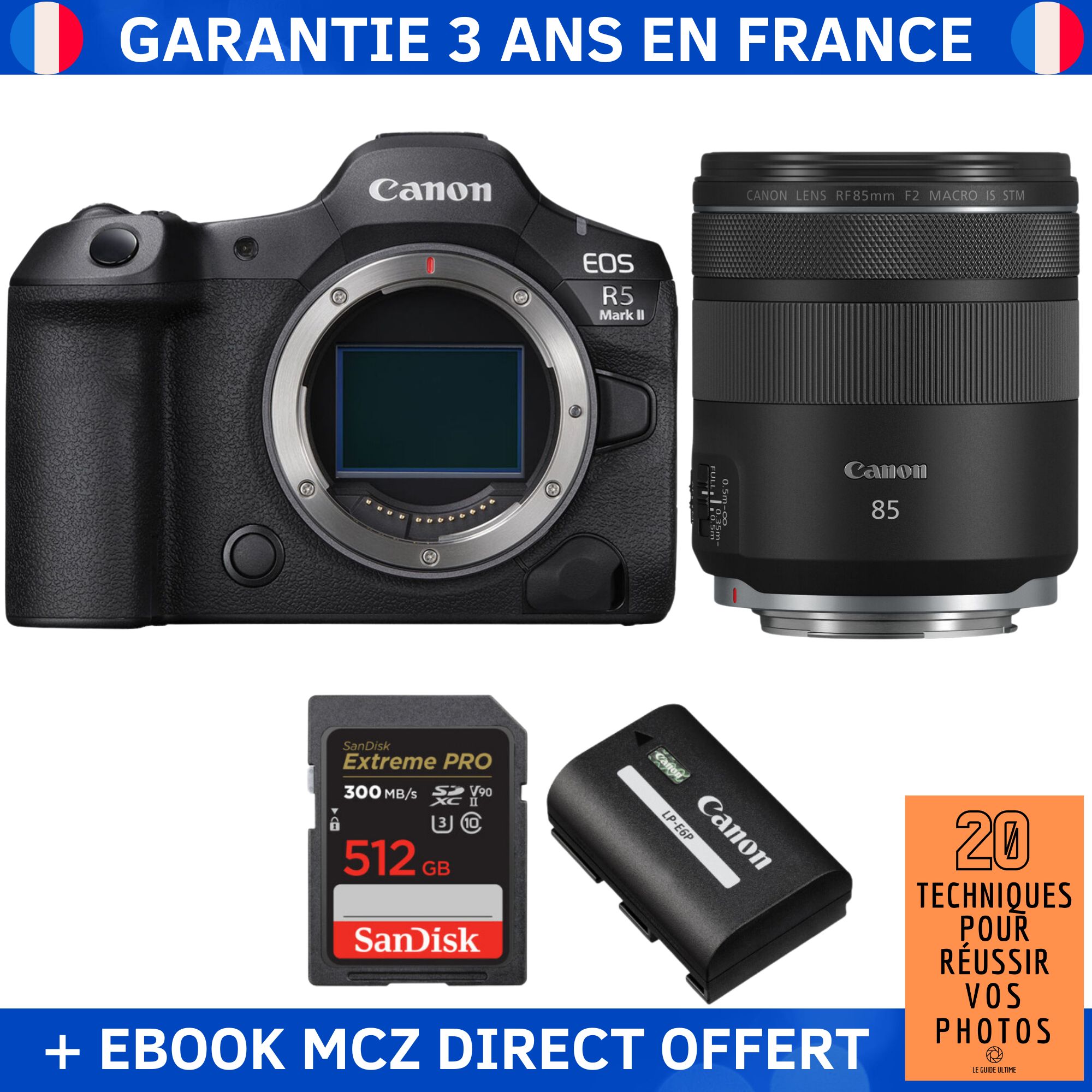 Canon EOS R5 Mark II + RF 85mm f/2 Macro IS STM + 1 SanDisk 512GB Extreme PRO UHS-II SDXC 300MB/s + 1 Canon LP-E6P + Ebook '20 Techniques pour Réussir vos Photos' - Hybrid Camera