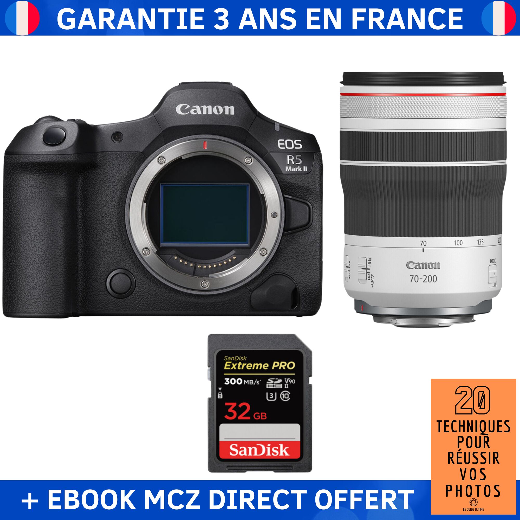 Canon EOS R5 Mark II + RF 70-200mm f/4 L IS USM + 1 SanDisk 32GB Extreme PRO UHS-II SDXC 300MB/s + Ebook '20 Techniques pour Réussir vos Photos' - Hybrid Camera Canon