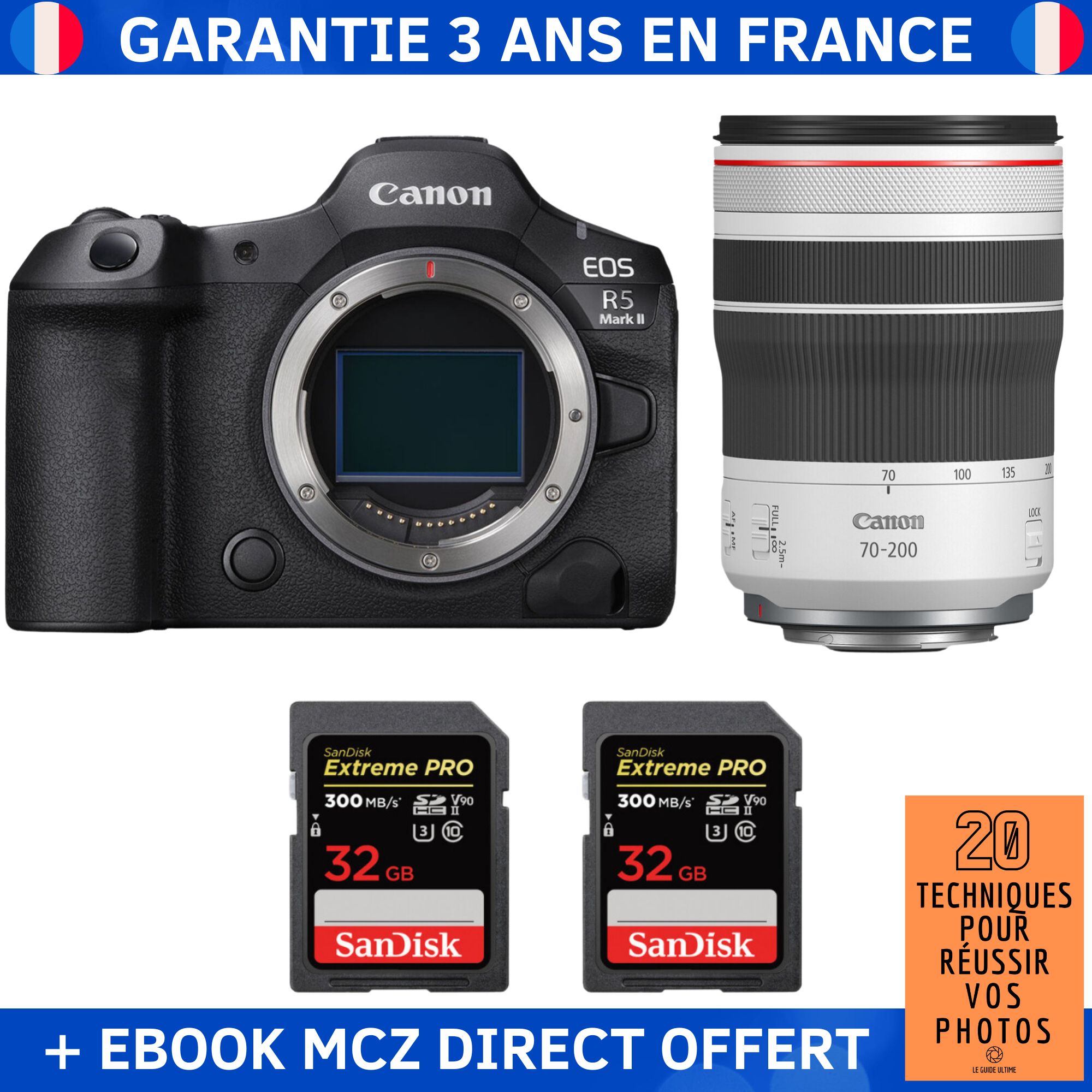 Canon EOS R5 Mark II + RF 70-200mm f/4 L IS USM + 2 SanDisk 32GB Extreme PRO UHS-II SDXC 300 MB/s + Ebook '20 Techniques pour Réussir vos Photos' - Hybrid Camera