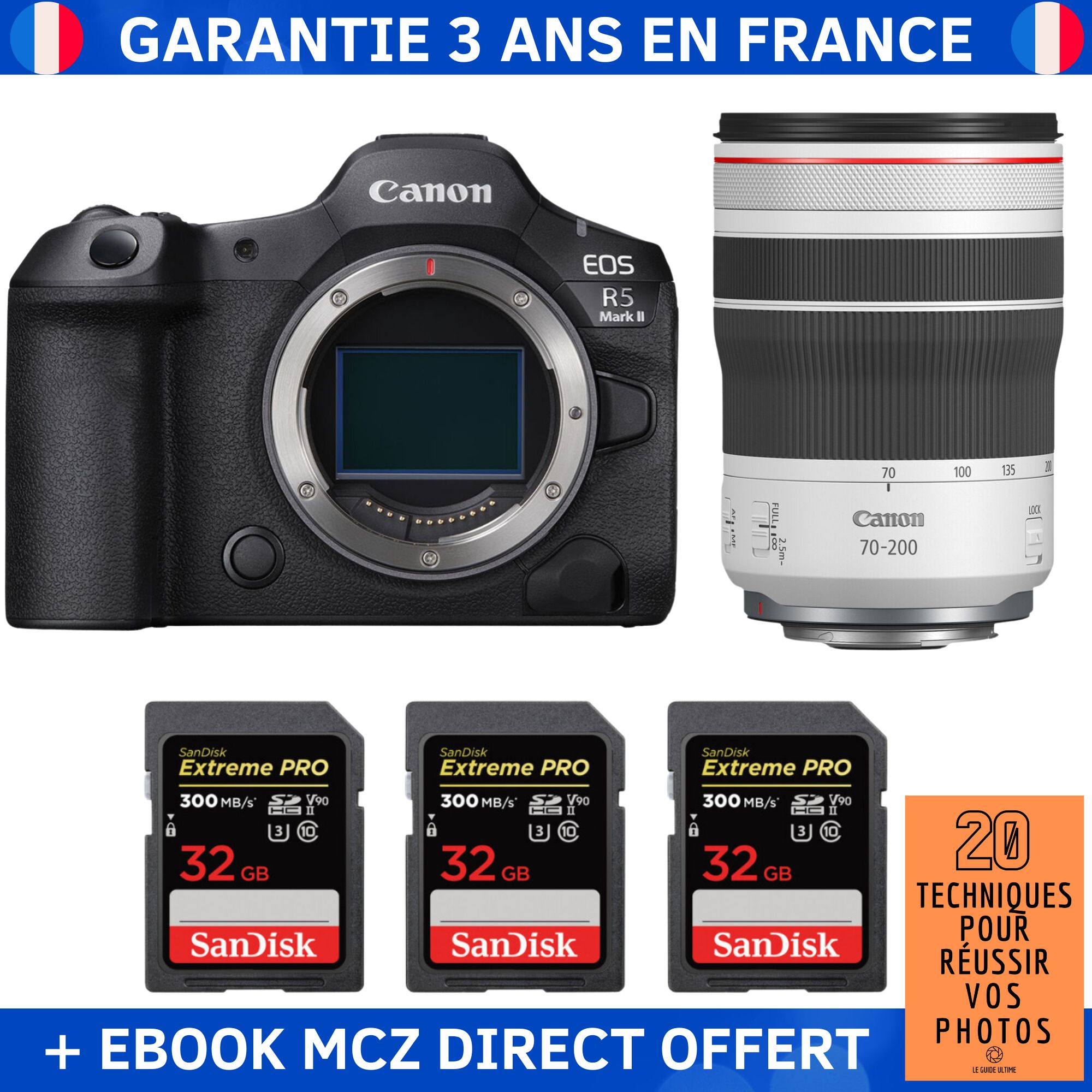 Canon EOS R5 Mark II + RF 70-200mm f/4 L IS USM + 3 SanDisk 32GB Extreme PRO UHS-II SDXC 300MB/s + Ebook '20 Techniques pour Réussir vos Photos' - Hybrid Camera