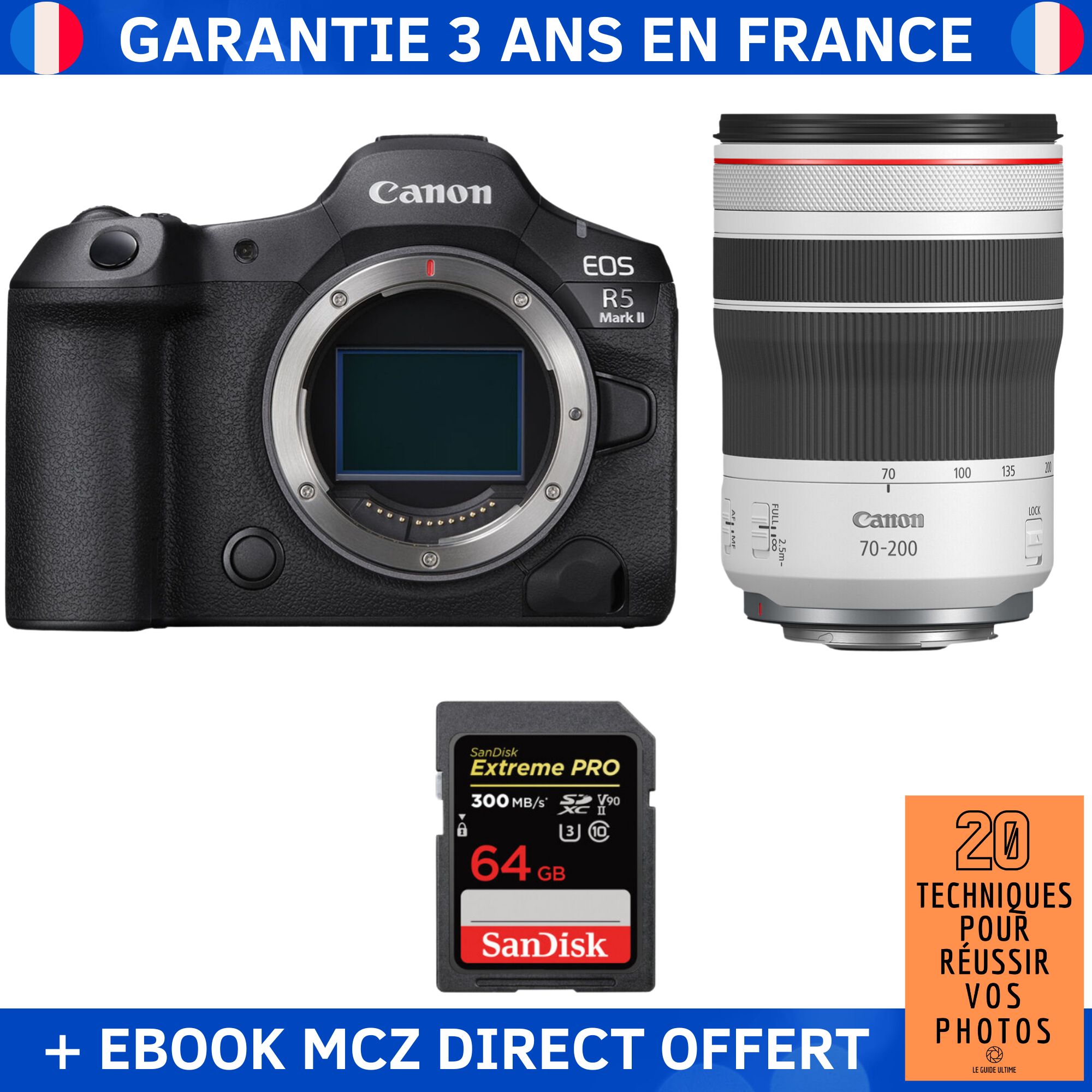 Canon EOS R5 Mark II + RF 70-200mm f/4 L IS USM + 1 SanDisk 64GB Extreme PRO UHS-II SDXC 300 MB/s + Ebook '20 Techniques pour Réussir vos Photos' - Hybrid Camera