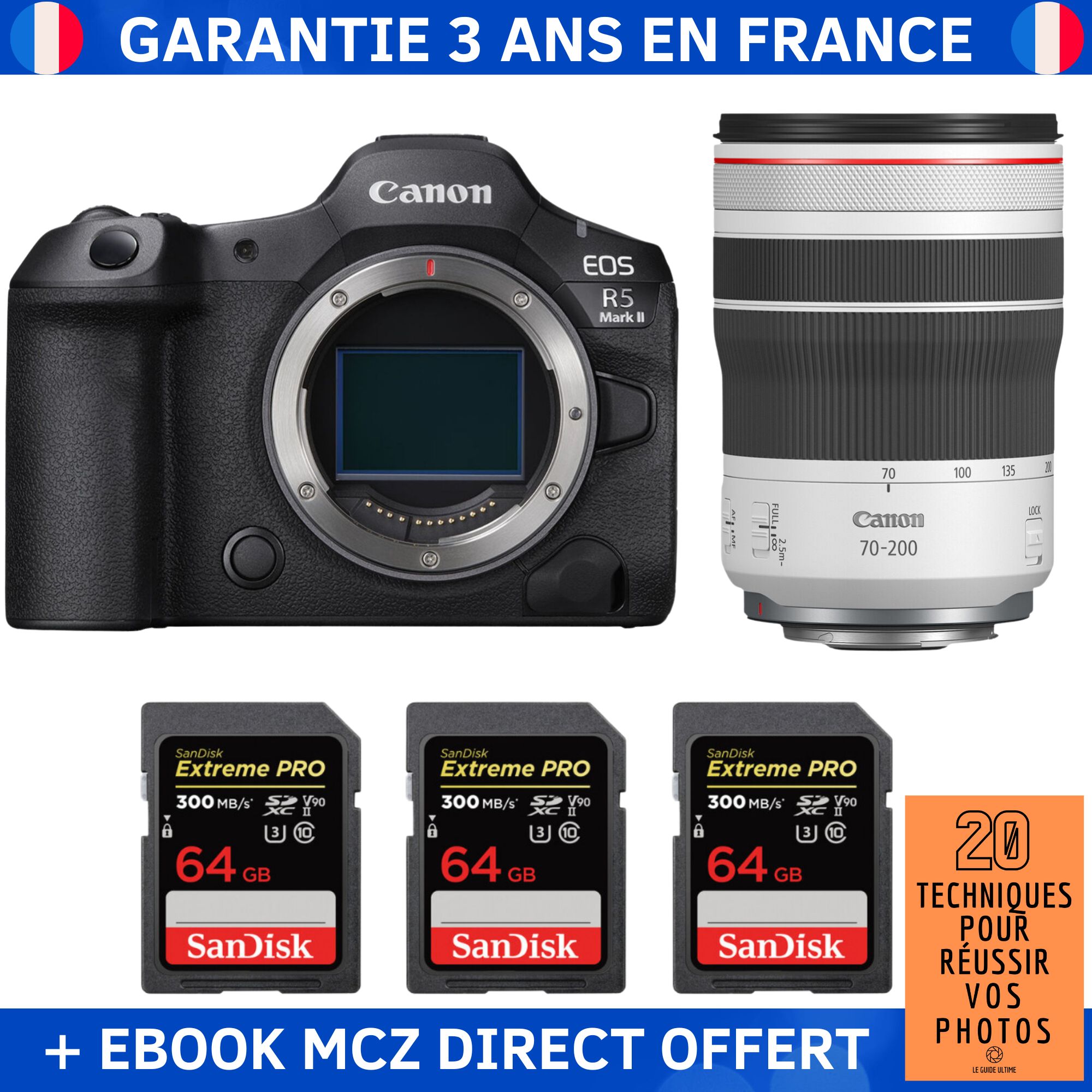 Canon EOS R5 Mark II + RF 70-200mm f/4 L IS USM + 3 SanDisk 64GB Extreme PRO UHS-II SDXC 300 MB/s + Ebook '20 Techniques pour Réussir vos Photos' - Hybrid Camera