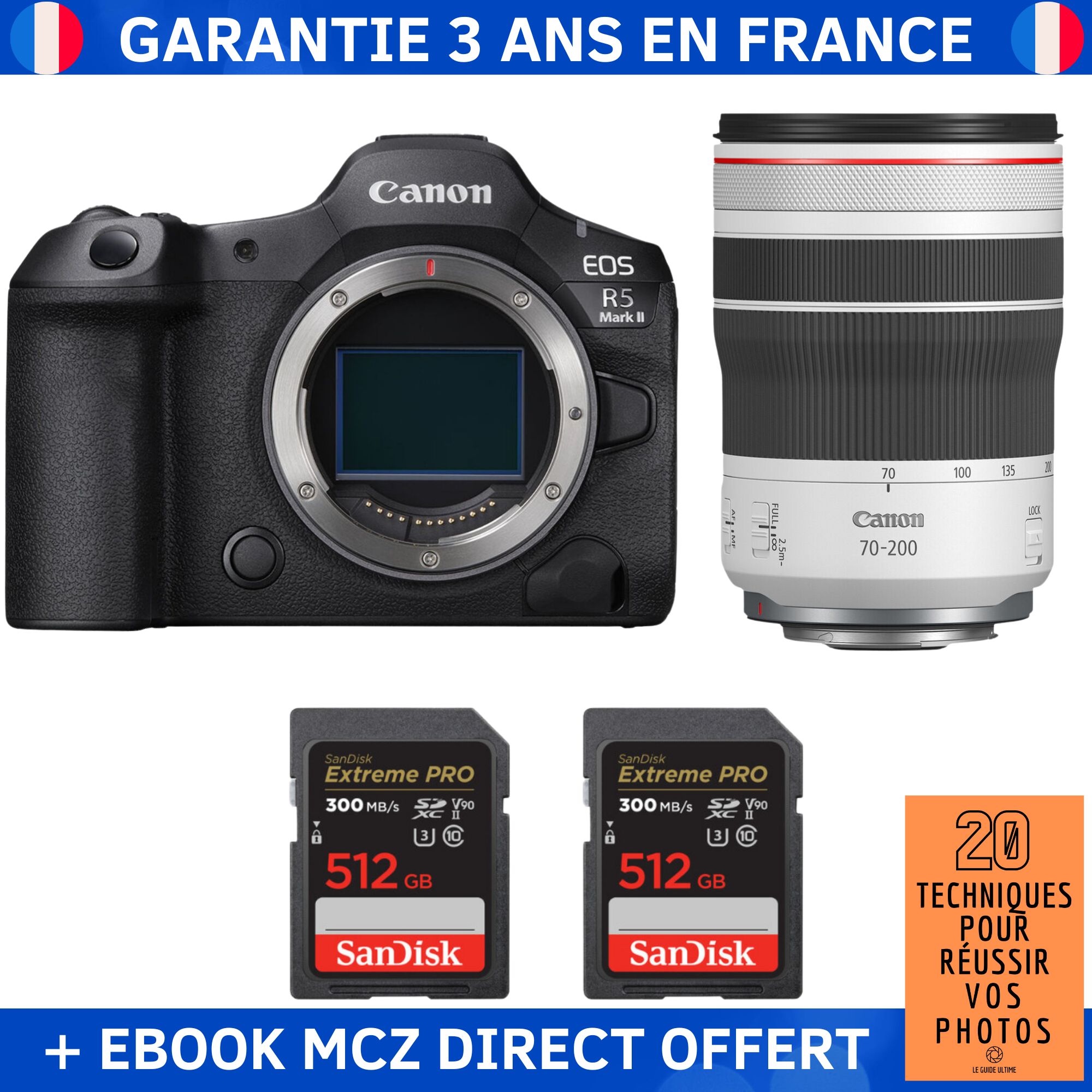 Canon EOS R5 Mark II + RF 70-200mm f/4 L IS USM + 2 SanDisk 512GB Extreme PRO UHS-II SDXC 300MB/s + Ebook '20 Techniques pour Réussir vos Photos' - Hybrid Camera