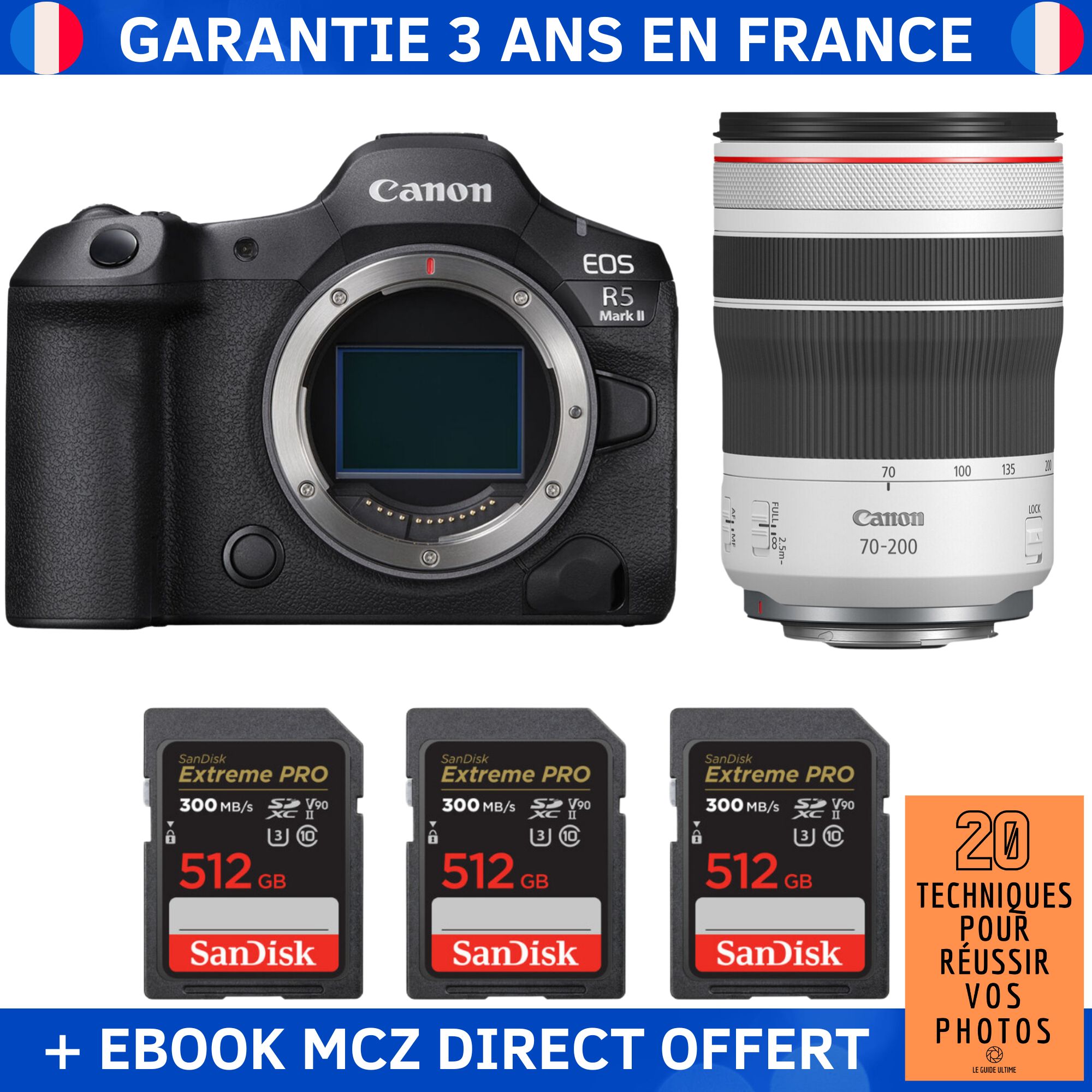 Canon EOS R5 Mark II + RF 70-200mm f/4 L IS USM + 3 SanDisk 512GB Extreme PRO UHS-II SDXC 300 MB/s + Ebook '20 Techniques pour Réussir vos Photos' - Hybrid Camera