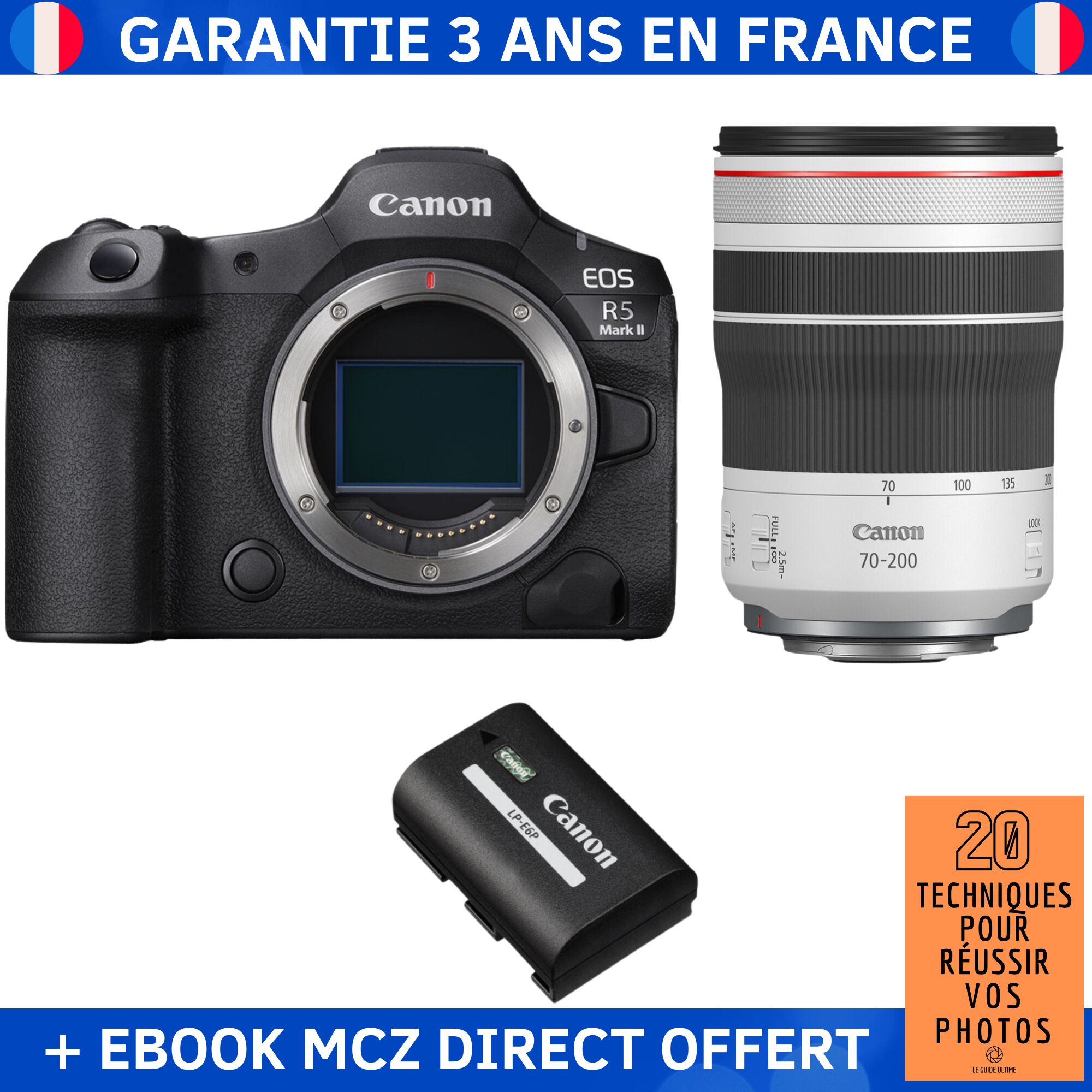 Canon EOS R5 Mark II + RF 70-200mm f/4 L IS USM + 1 Canon LP-E6P + Ebook '20 Techniques pour Réussir vos Photos' - Hybrid Camera