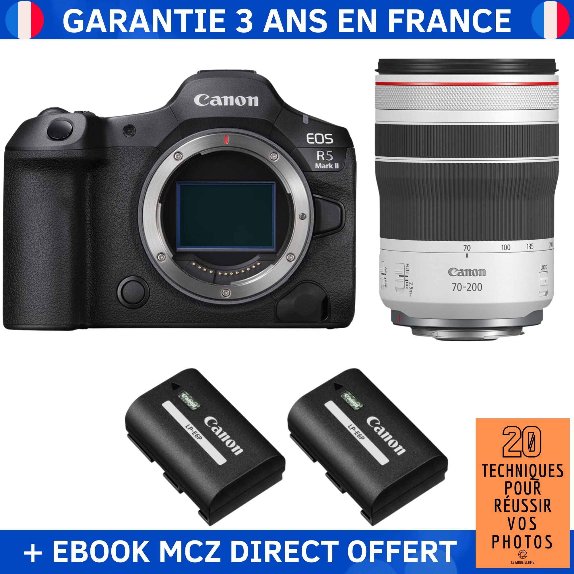 Canon EOS R5 Mark II + RF 70-200mm f/4 L IS USM + 2 Canon LP-E6P + Ebook '20 Techniques pour Réussir vos Photos' - Hybrid Camera