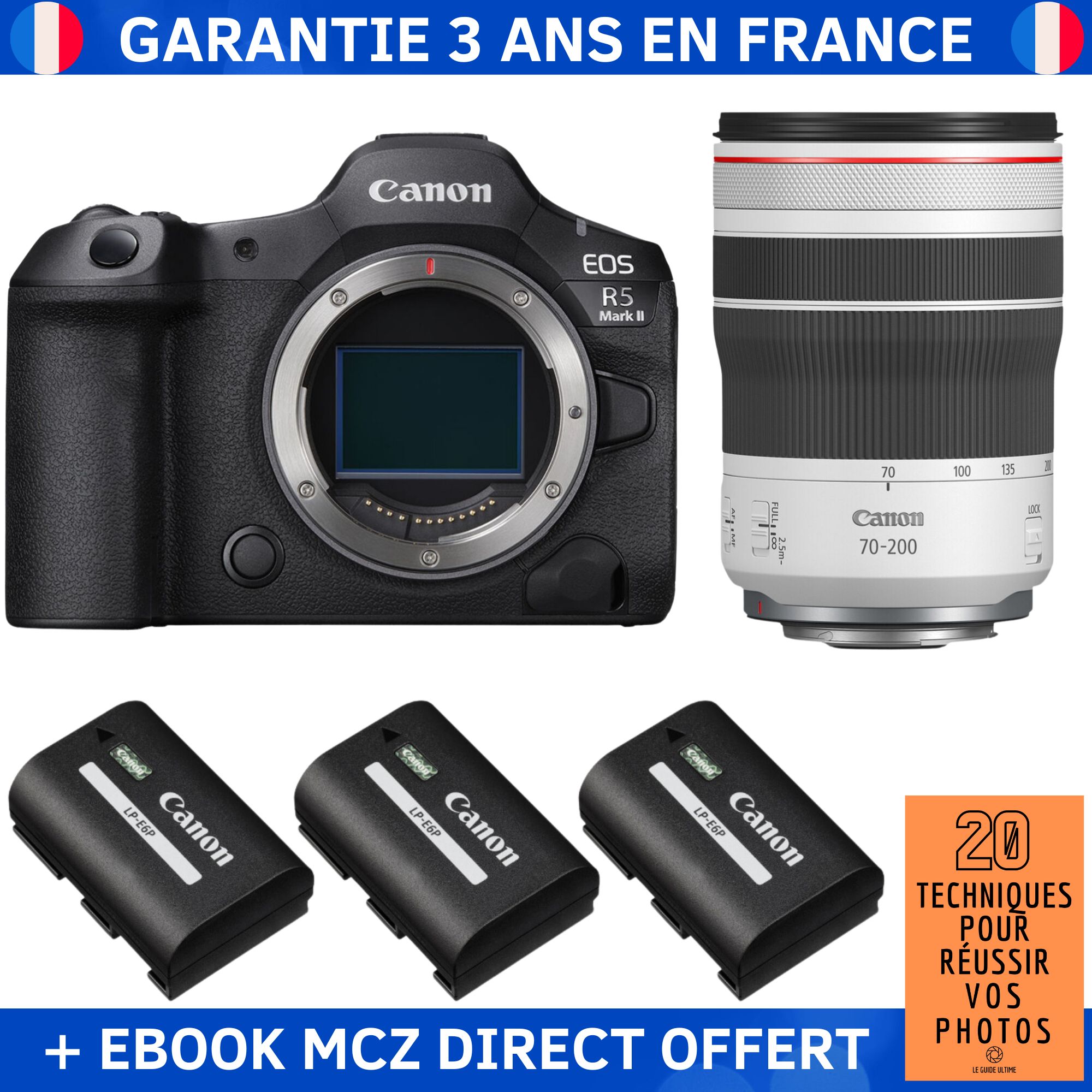 Canon EOS R5 Mark II + RF 70-200mm f/4 L IS USM + 3 Canon LP-E6P + Ebook '20 Techniques pour Réussir vos Photos' - Hybrid Camera