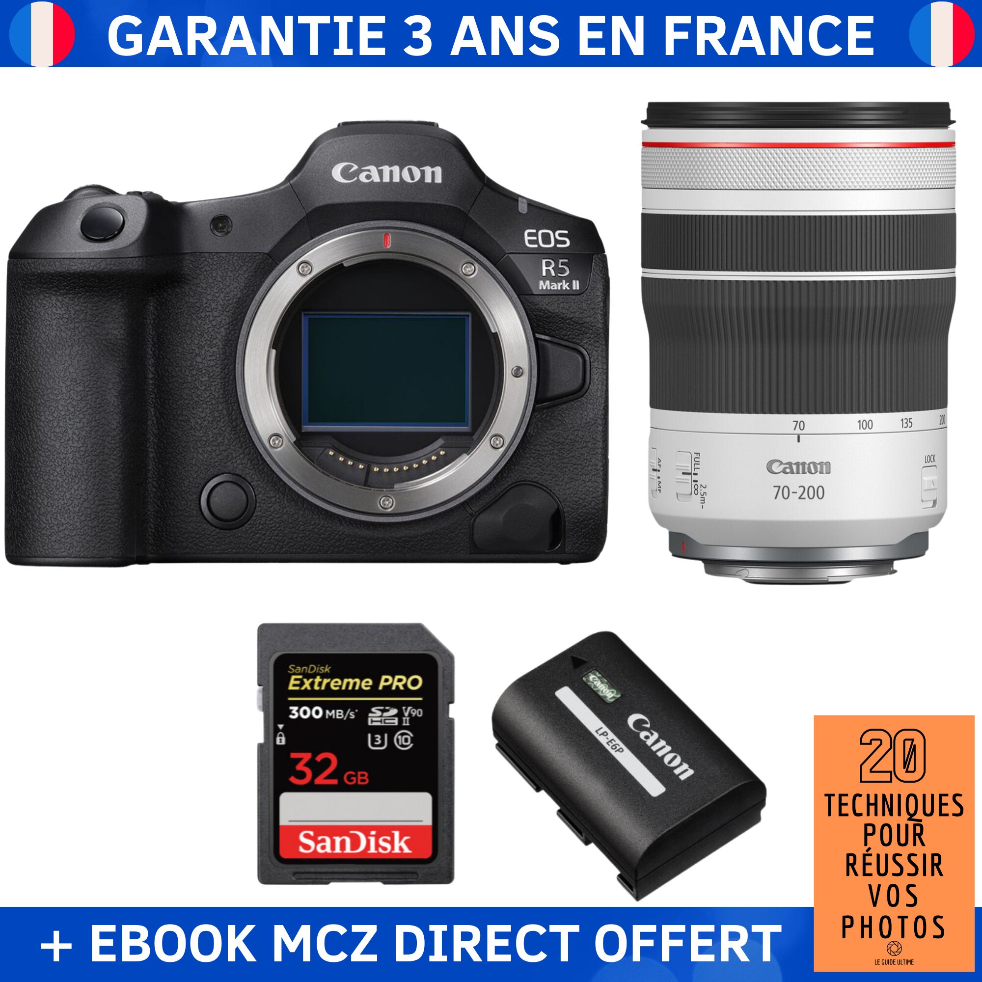 Canon EOS R5 Mark II + RF 70-200mm f/4 L IS USM + 1 SanDisk 32GB Extreme PRO UHS-II SDXC 300MB/s + 1 Canon LP-E6P + Ebook '20 Techniques pour Réussir vos Photos' - Hybrid Camera