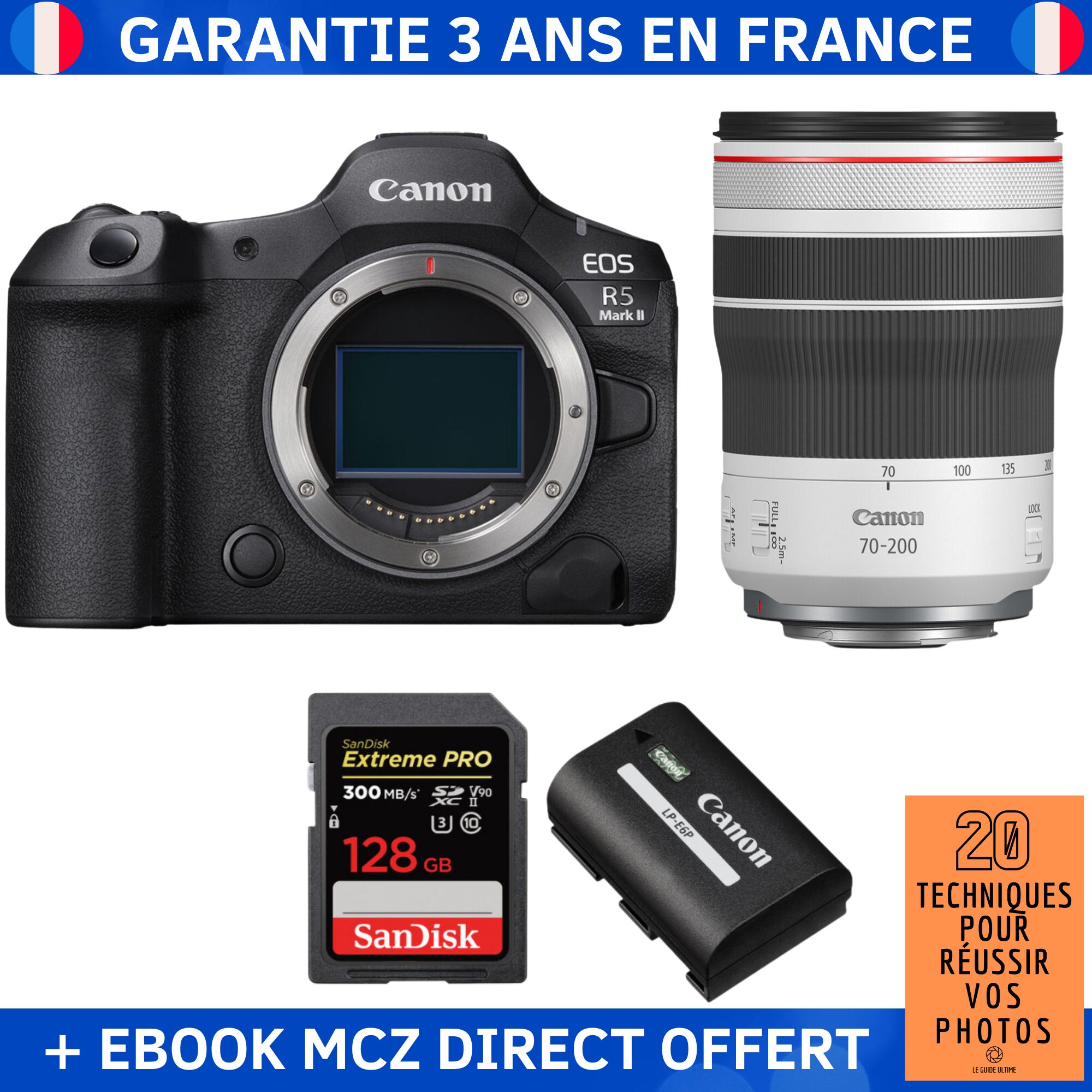 Canon EOS R5 Mark II + RF 70-200mm f/4 L IS USM + 1 SanDisk 128GB Extreme PRO UHS-II SDXC 300MB/s + 1 Canon LP-E6P + Ebook '20 Techniques pour Réussir vos Photos' - Hybrid Camera