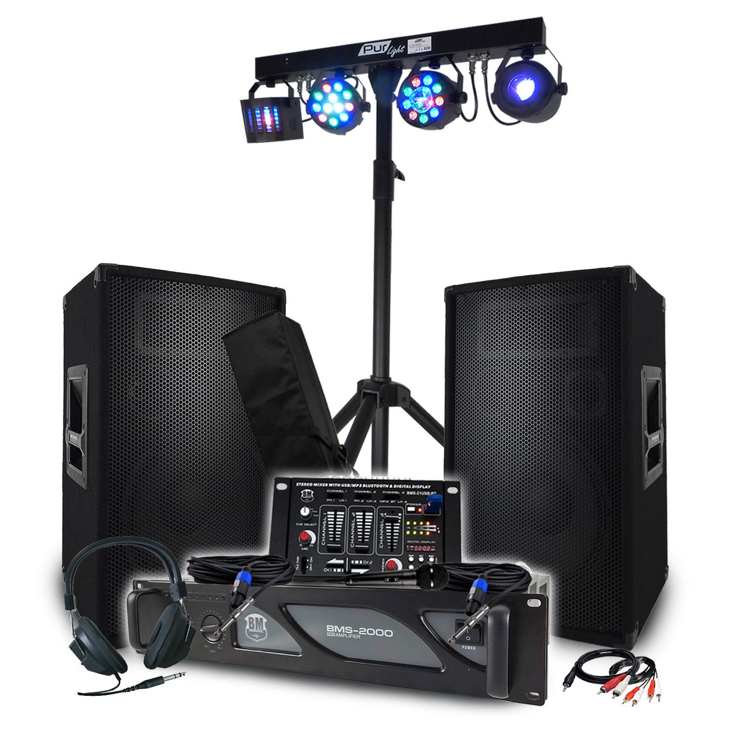 BM SONIC 3200W Pack: Amplifier, Speakers, Mixer, DJ Headphones, Cables + 48-Effect Light Portale