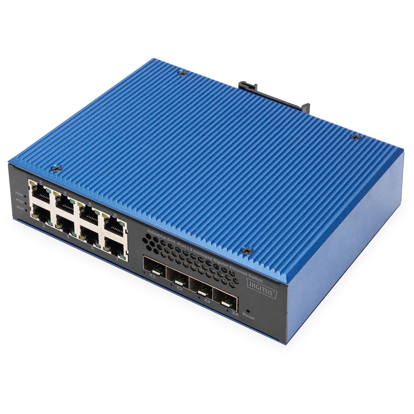 Commutateur Ethernet industriel Digitus 8+4 ports Gigabit avec liaison ascendante 10G L3 géré