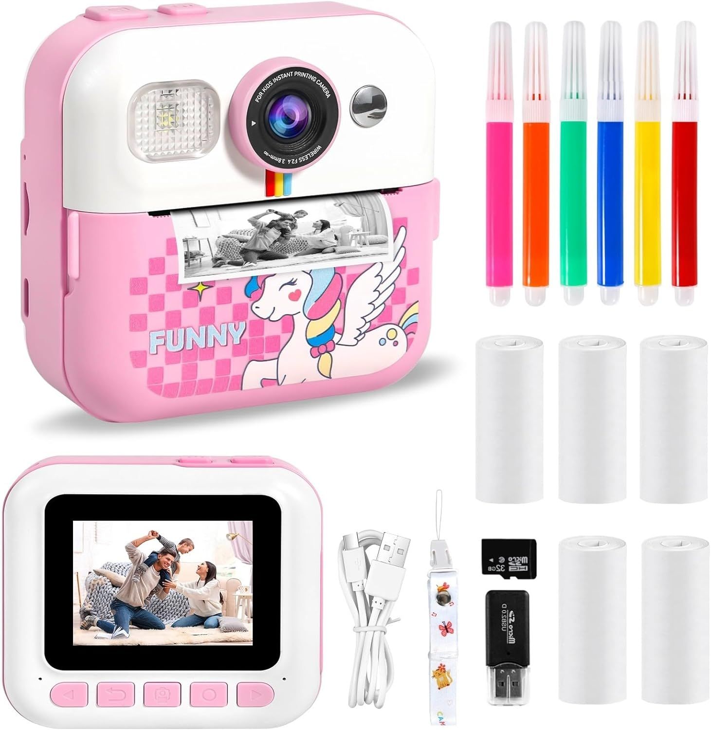 Instant Digital Camera with Printing Paper & 32G TF Card, Kids Camera with Color Pens for DIY, Costume Accessory