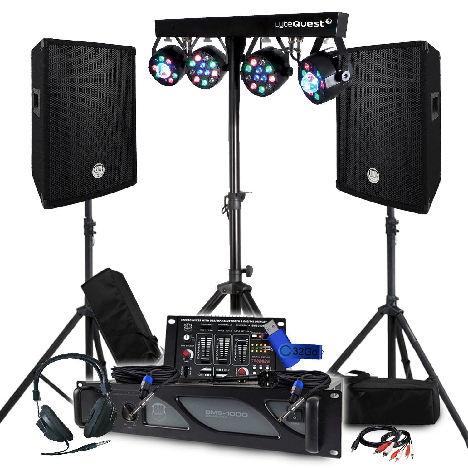 BM SONIC Pack Sonic Ampli 1000W - Passive Speakers, Mixer, Lighting Arch