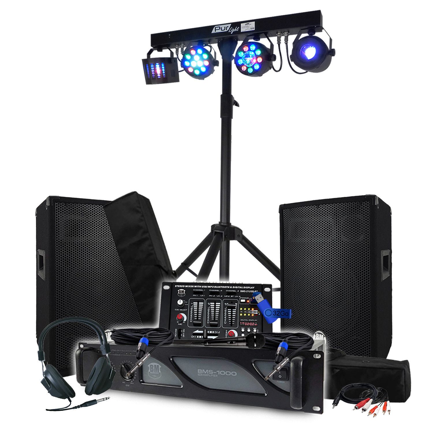 BM SONIC Pack Sono - 1000W Amplifier, Speaker Pair, Mixing Table, Light Tower + 48 Euphoria Effects Lights