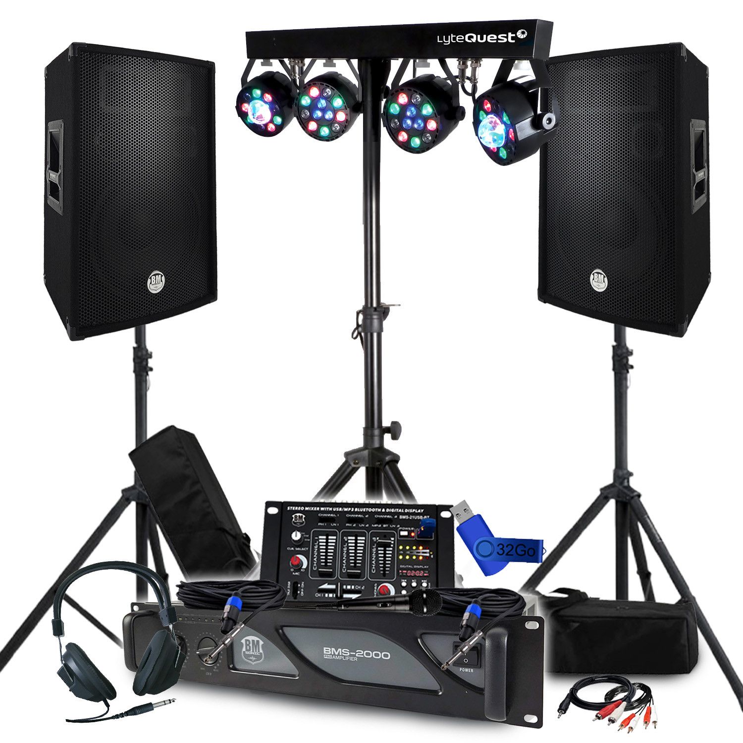 BM SONIC Pack Sono 2000W DJ Sound System with Speakers, Mixer and Lighting