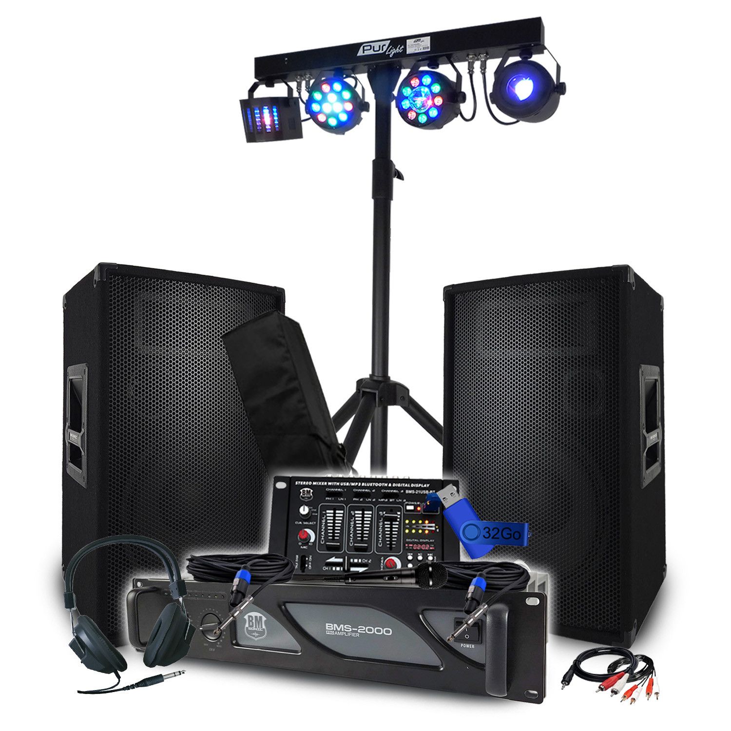 BM SONIC 3200W Pack: Amplifier, Speakers, Mixer, DJ Headphones, Cables + 48-Effect Light Portal