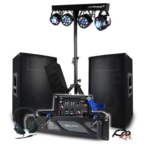 BM SONIC Pack Sono 3200W: 2000W Amplifier, Passive Speakers 2x600W, DJ Mixer, Headphones, Cables and Microphone