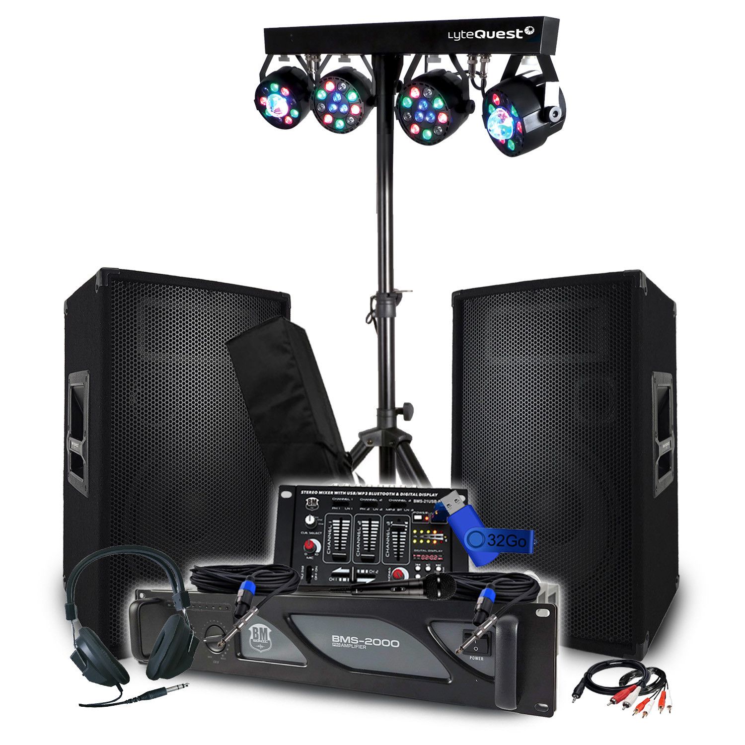 BM SONIC Pack Sono 3200W: 2000W Amplifier, Passive Speakers 2x600W, DJ Mixer, Headphones, Cables and Microphone