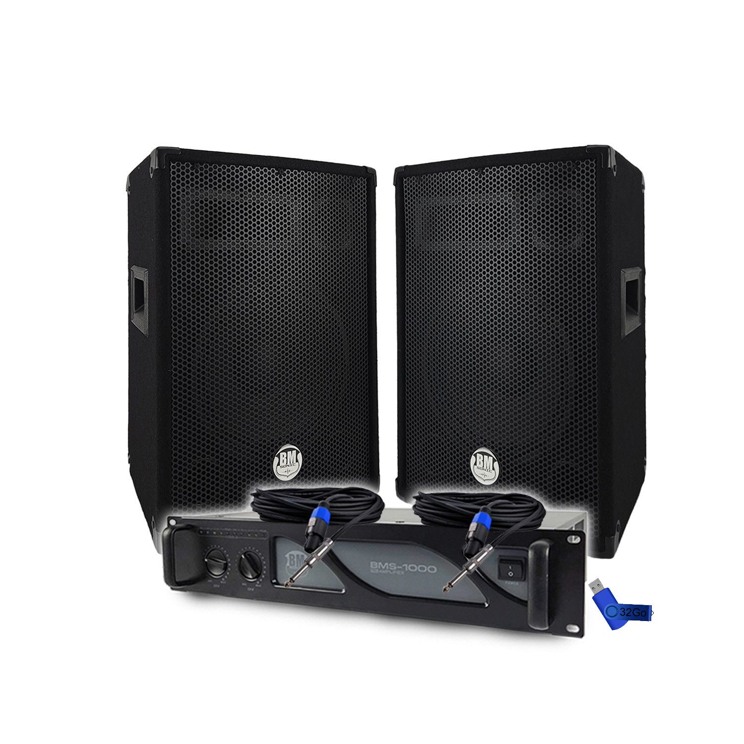 Kit de Sonorización BM SONIC - Amplificador BMS1000, Altavoces Pasivos BMS10 2x400W, Cables, Llave PRO+ 32G