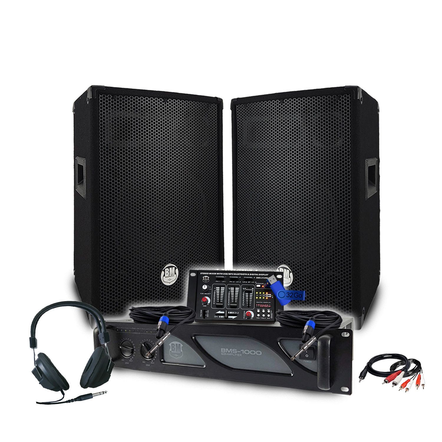 Kit BM SONIC DJ 1000W con Altavoces Pasivos 2x400W, Mesa de Mezcla USB Bluetooth, Auriculares para DJ, Cables y Micrófono+Llave 32G
