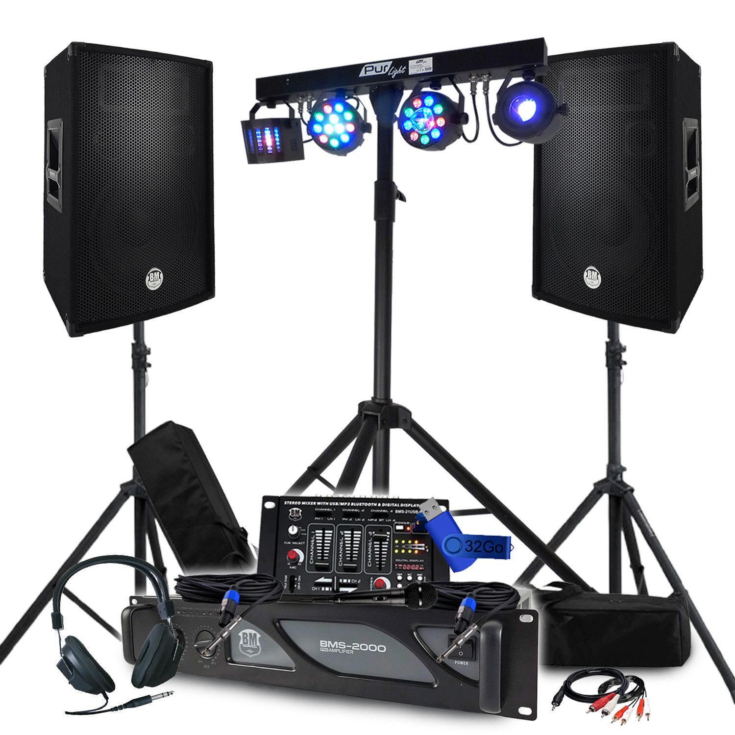 BM Sonic Pack Sono DJ: 2000W Amplifier, Passive Speakers (2x600W), Mixer, DJ Headphones, Cables, Microphone and Stand