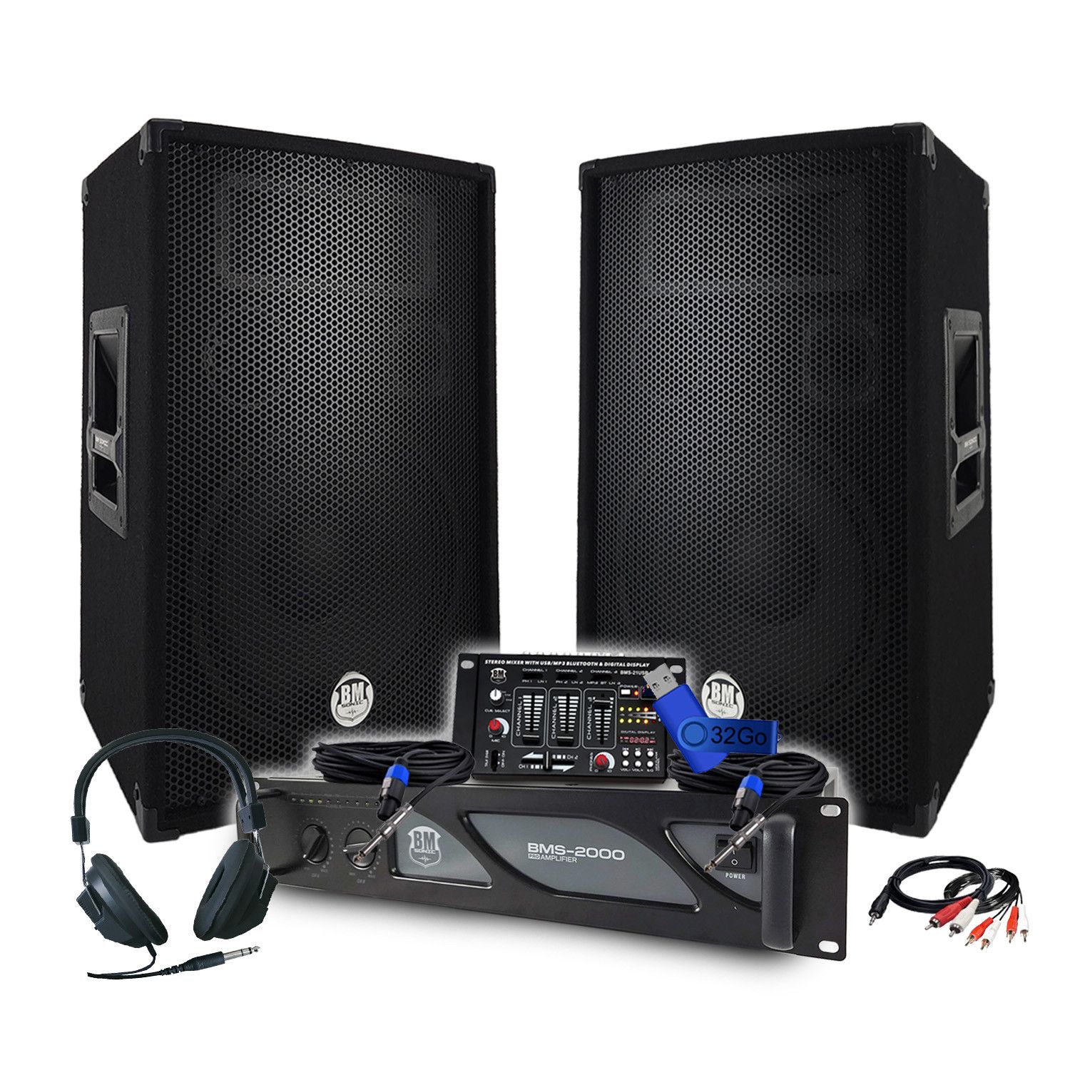 BM Sonic DJ Pack: 2000W Amplifier, Passive Speakers (2x600W), Mixer, DJ Headphones, Cables & Microphone + 32GB Key