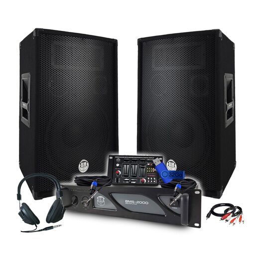 BM Sonic DJ Pack: 2000W Amplifier, Passive Speakers (2x600W), Mixer, DJ Headphones, Cables & Microphone + 32GB Key