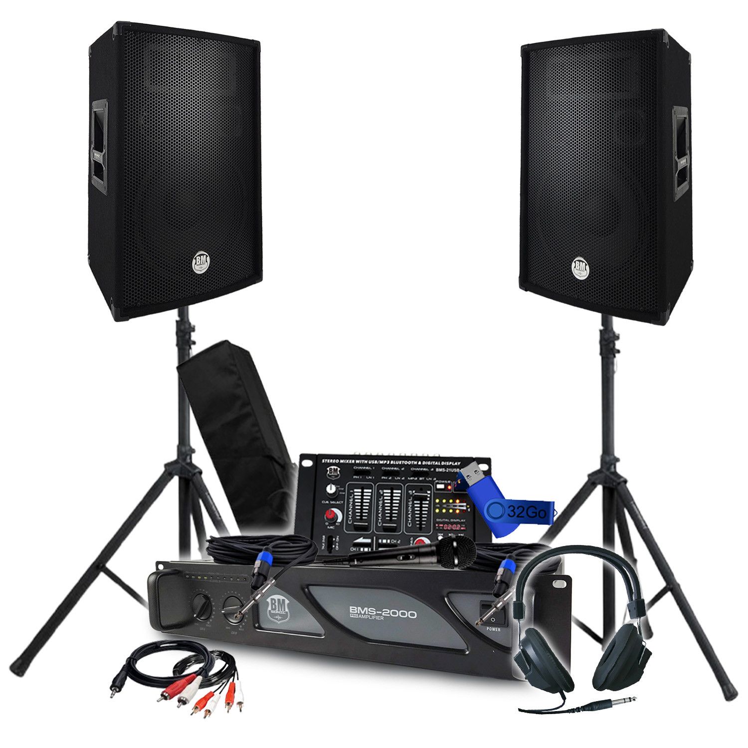 Kit Sonoro BM SONIC: Amplificador de 2000W, Altavoces Pasivos (2x600W), Mesa de Mezcla, Auriculares DJ, Cables, Micrófono y Soporte para Pies