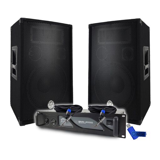 BM SONIC Pack Sono DJ BMS2000 2000W Amplifier, BMS12 Passive Speakers (2x600W), Speakon Cables, PRO+Clé 32G Sound System
