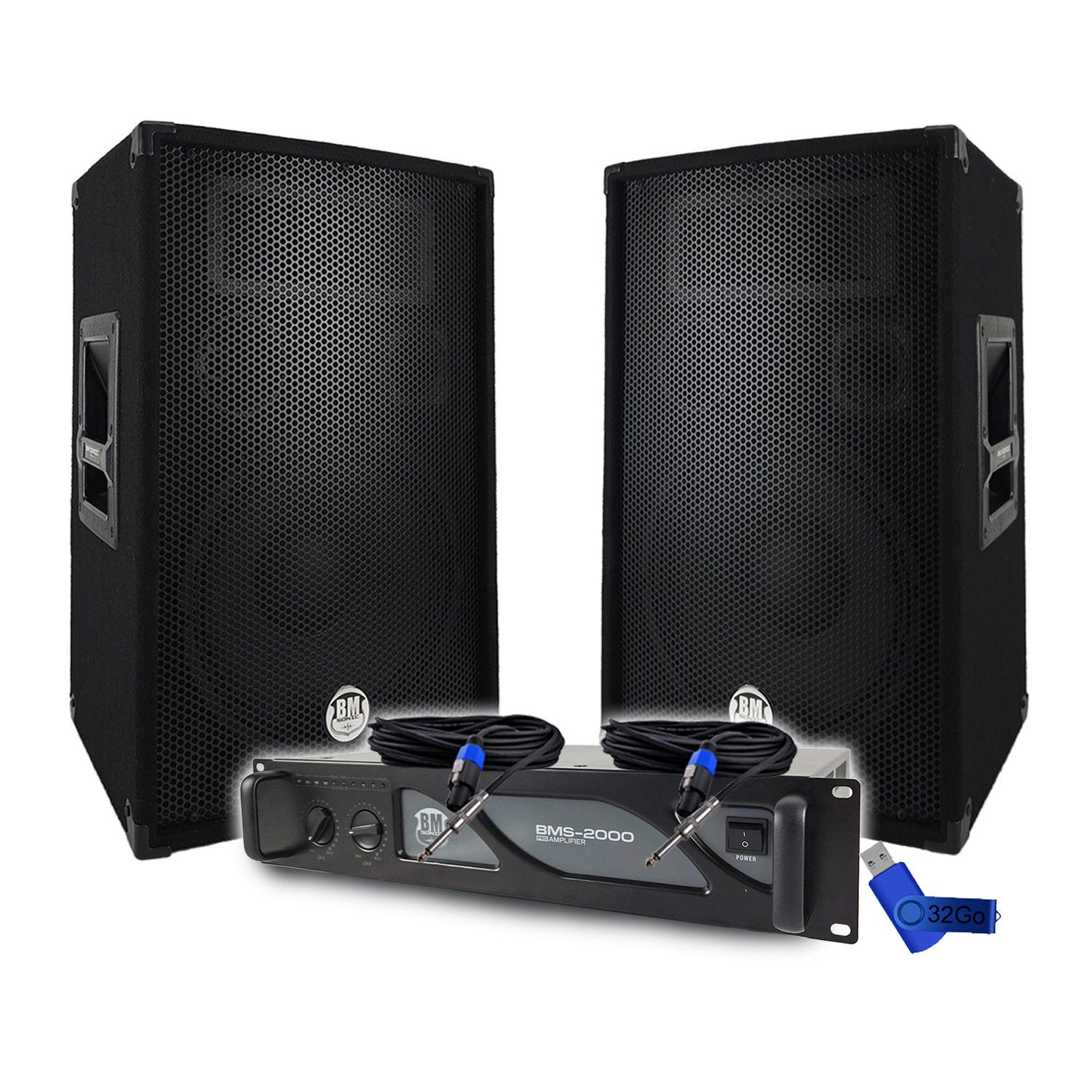 Pack Sono DJ BM SONIC BMS2000 2000W, Altavoces Pasivos BMS12 (2x600W), Cables Speakon, Sistema de Sonorización PRO+Clave 32G