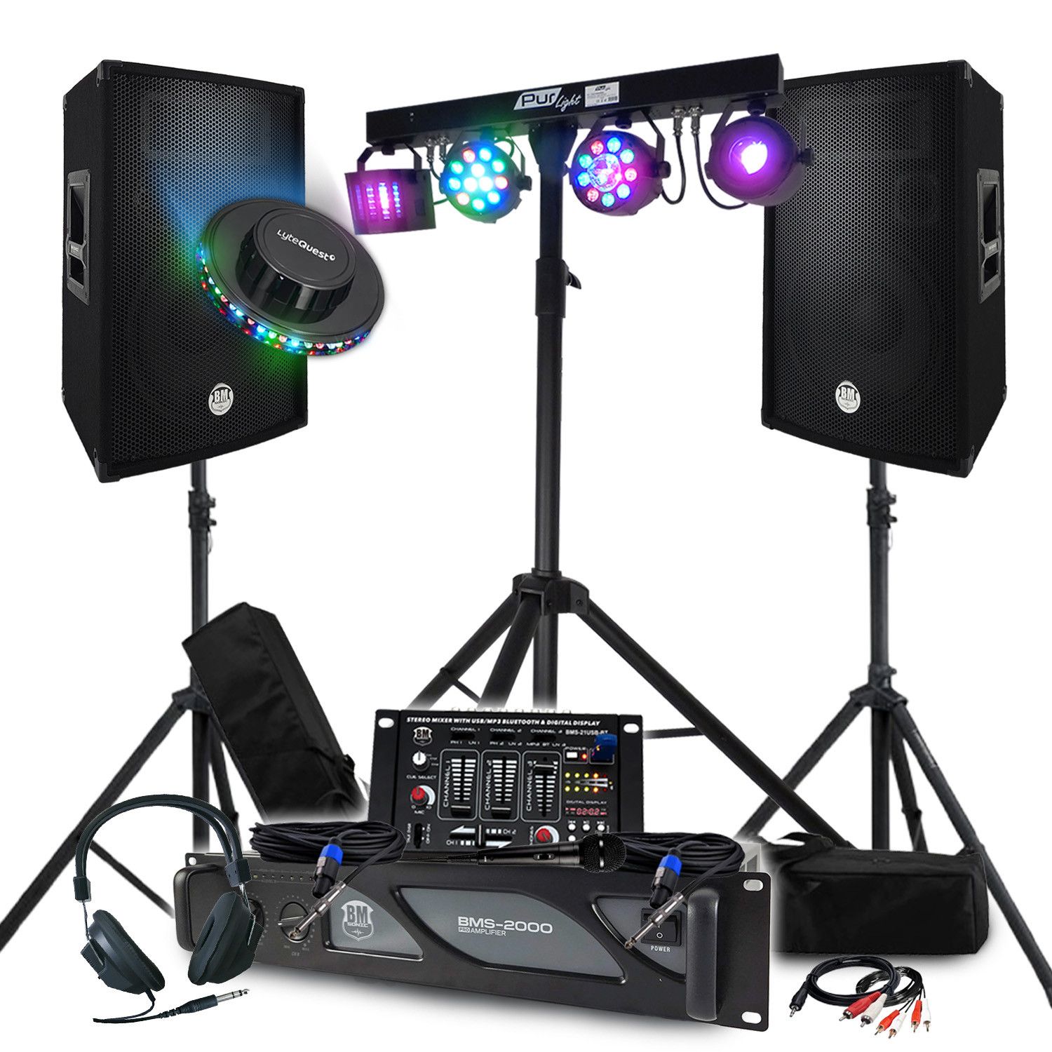 Kit Sono BM SONIC 3200W pour Mariages et Soirées Fête DJ, Amplificateurs Enceintes Éclairage Effets LED EUPHORIA