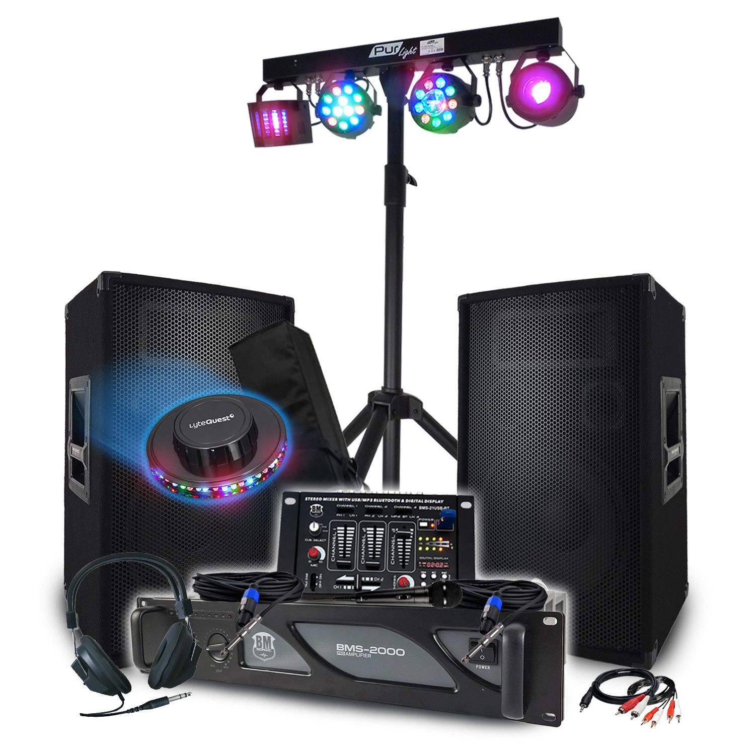 BM Sonic Mega Bass DJ Pack 3200W with 2000W Amplifier, 1200W Speakers, Mixing Table, Lighting Portion + 48 Effects Lights